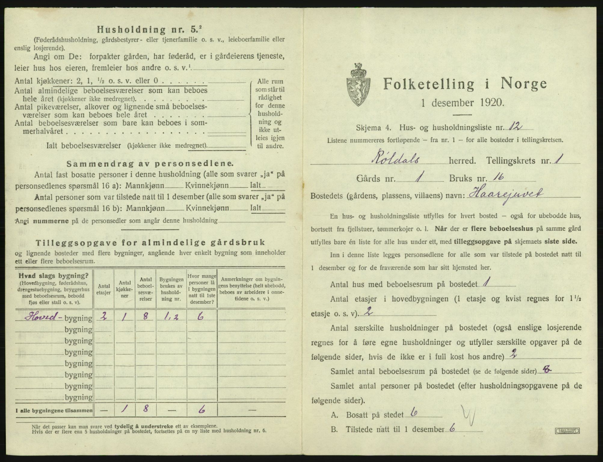 SAB, 1920 census for Røldal, 1920, p. 37