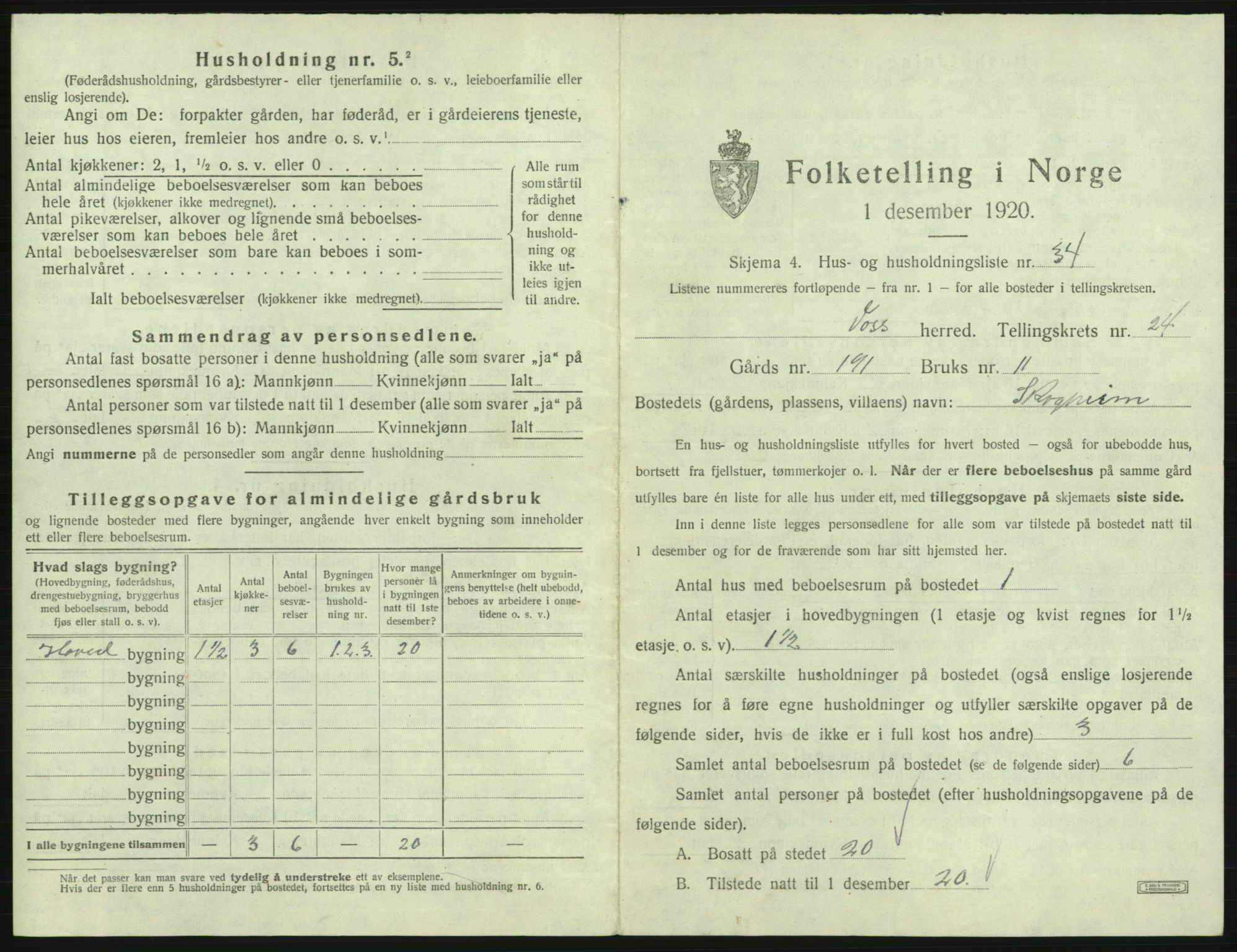 SAB, 1920 census for Voss, 1920, p. 2157