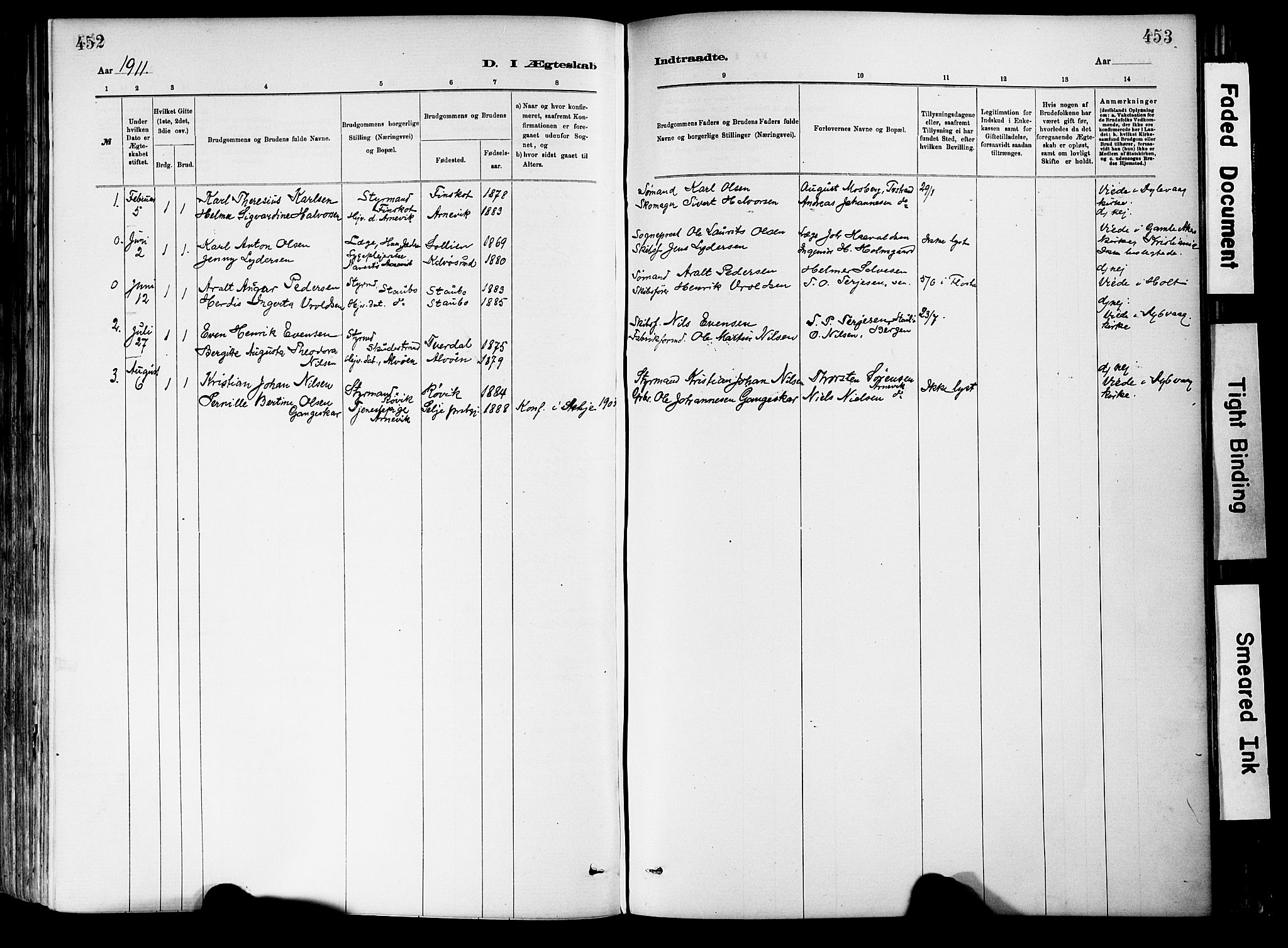 Dypvåg sokneprestkontor, SAK/1111-0007/F/Fa/Fab/L0001: Parish register (official) no. A 1, 1885-1912, p. 452-453