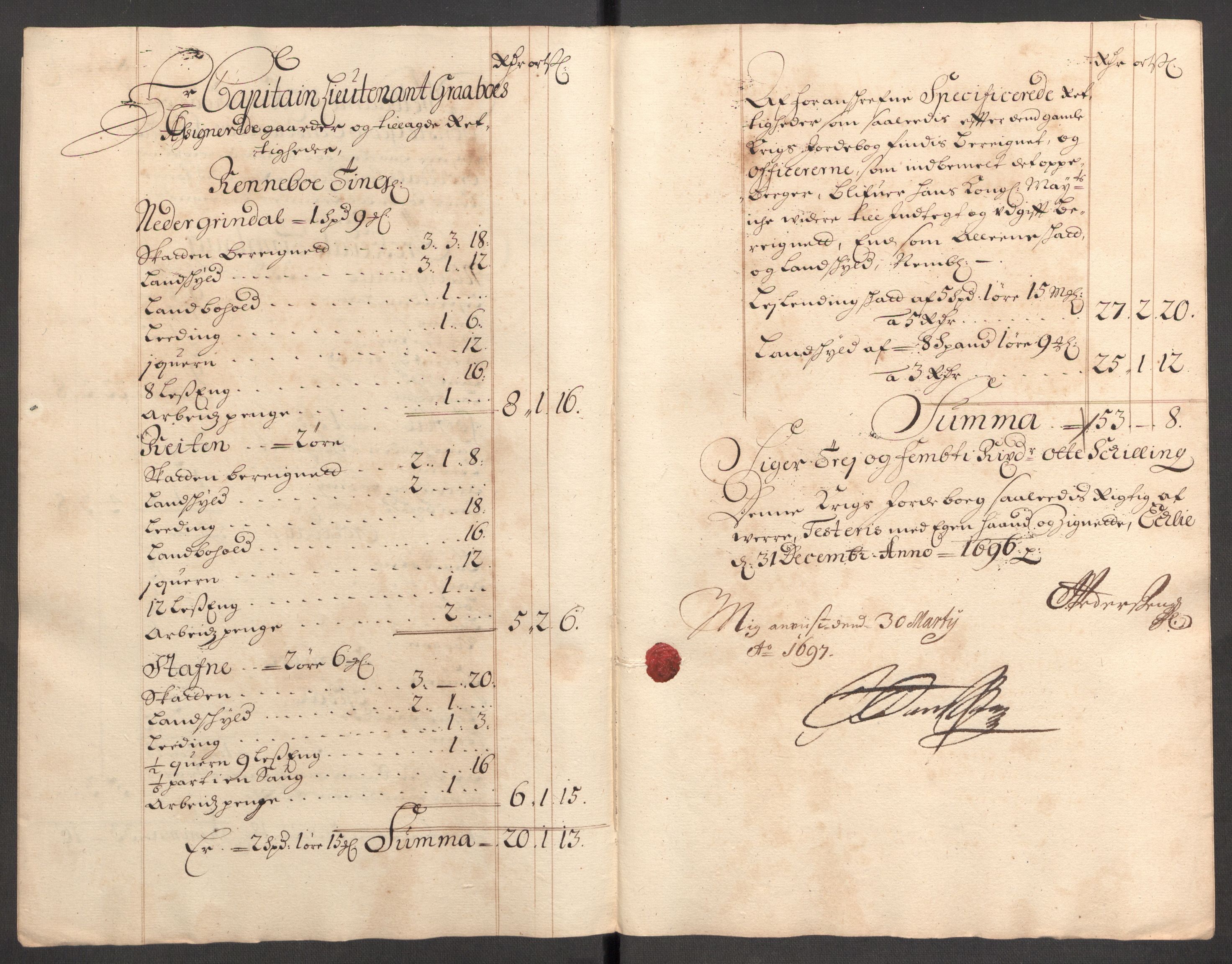 Rentekammeret inntil 1814, Reviderte regnskaper, Fogderegnskap, RA/EA-4092/R60/L3946: Fogderegnskap Orkdal og Gauldal, 1696, p. 218