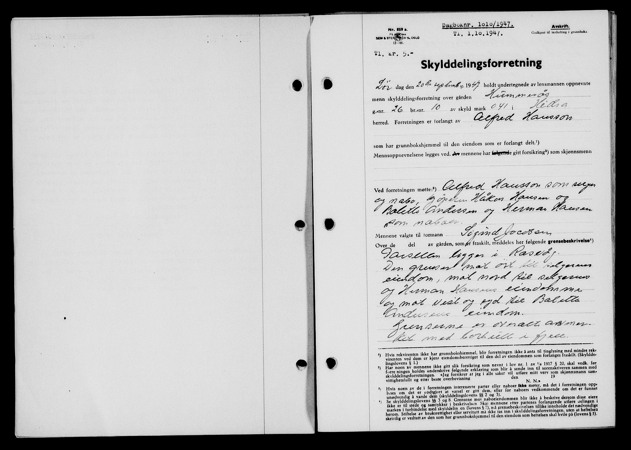 Flekkefjord sorenskriveri, SAK/1221-0001/G/Gb/Gba/L0062: Mortgage book no. A-10, 1947-1947, Diary no: : 1010/1947