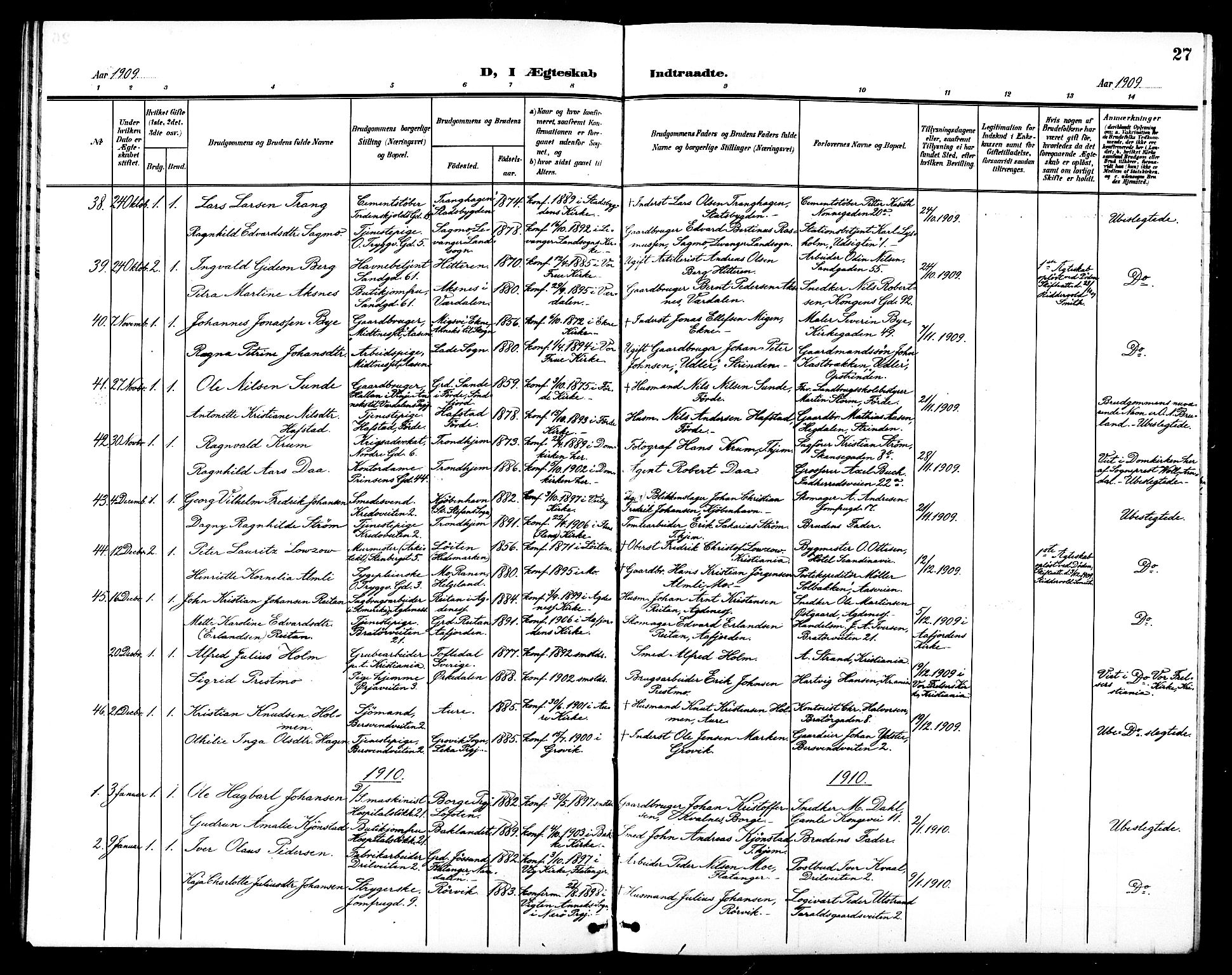 Ministerialprotokoller, klokkerbøker og fødselsregistre - Sør-Trøndelag, SAT/A-1456/602/L0145: Parish register (copy) no. 602C13, 1902-1919, p. 27