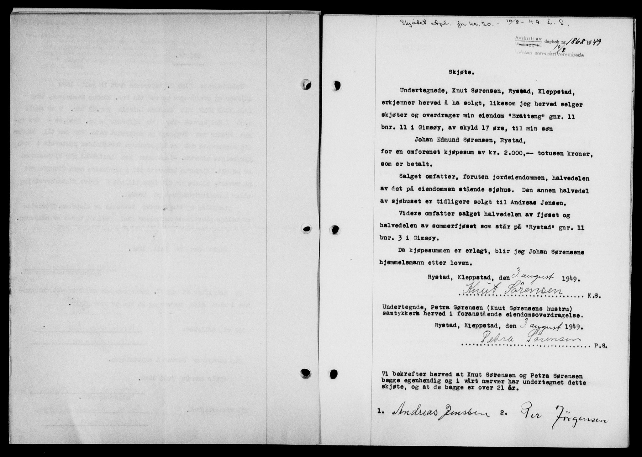 Lofoten sorenskriveri, SAT/A-0017/1/2/2C/L0021a: Mortgage book no. 21a, 1949-1949, Diary no: : 1868/1949