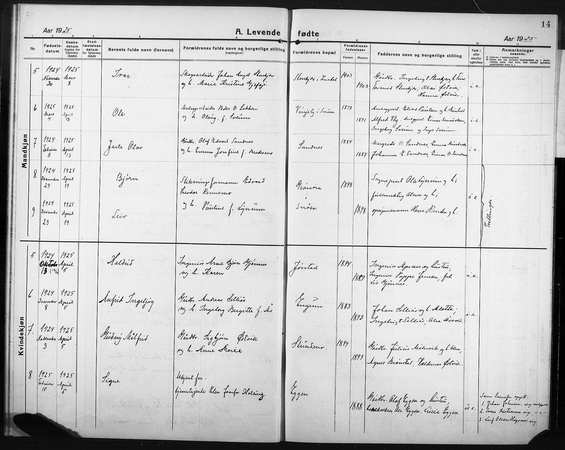 Ministerialprotokoller, klokkerbøker og fødselsregistre - Nord-Trøndelag, SAT/A-1458/749/L0480: Parish register (copy) no. 749C02, 1924-1932, p. 14