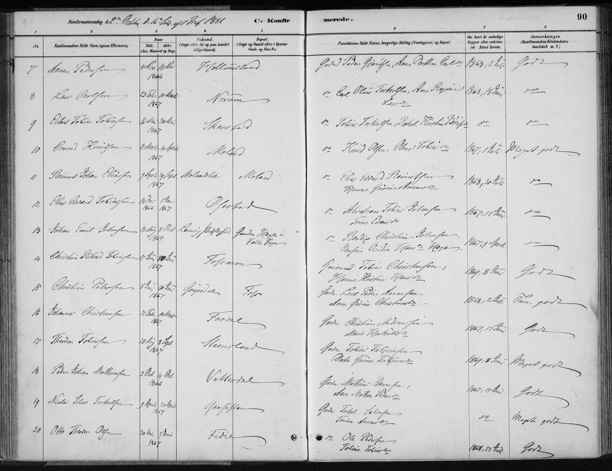 Sør-Audnedal sokneprestkontor, AV/SAK-1111-0039/F/Fa/Fab/L0009: Parish register (official) no. A 9, 1880-1895, p. 90