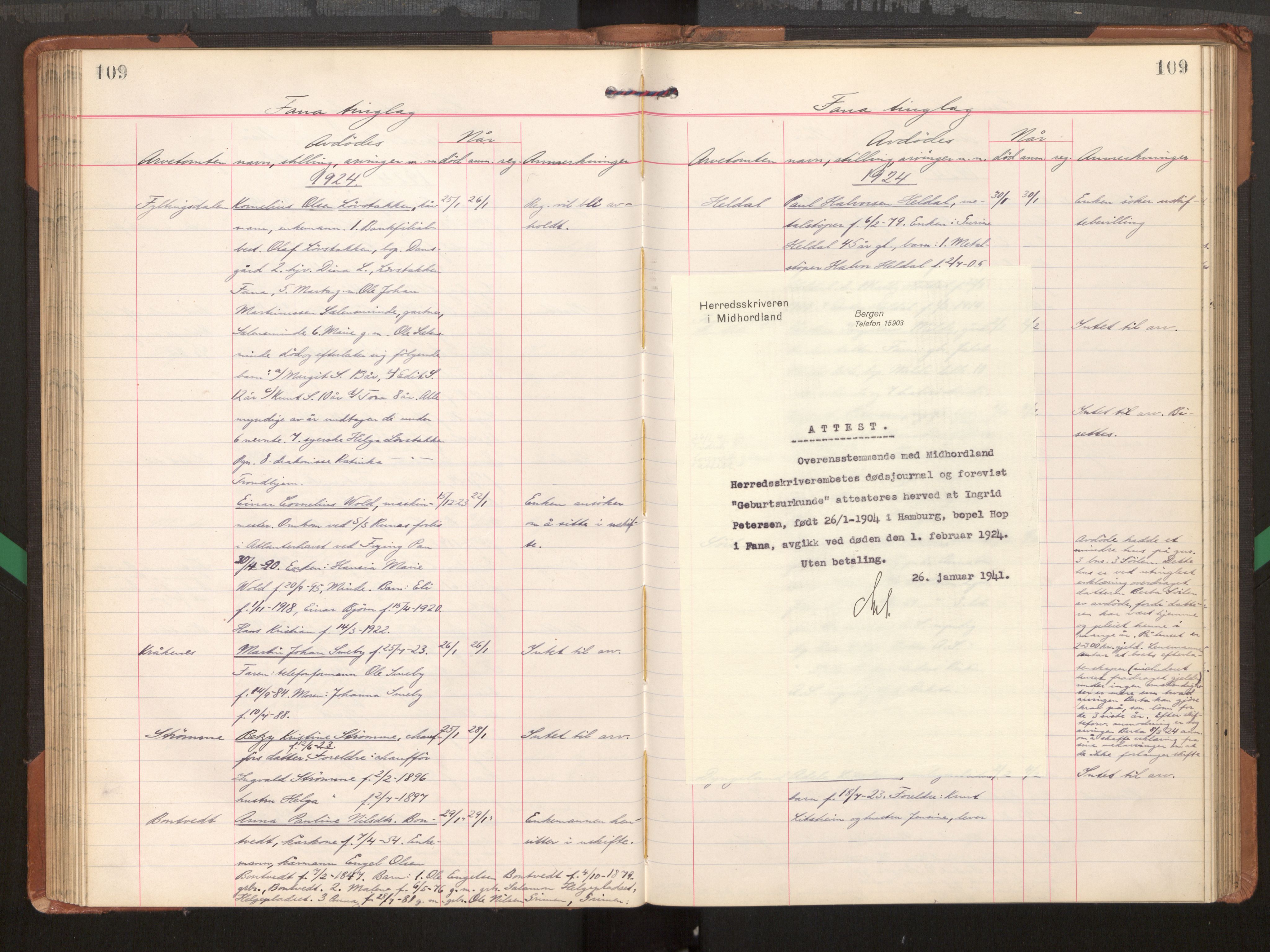Midhordland sorenskriveri, AV/SAB-A-3001/1/H/Hk/Hka/L0008: Dødsfallsprotokollar , 1922-1928, p. 109