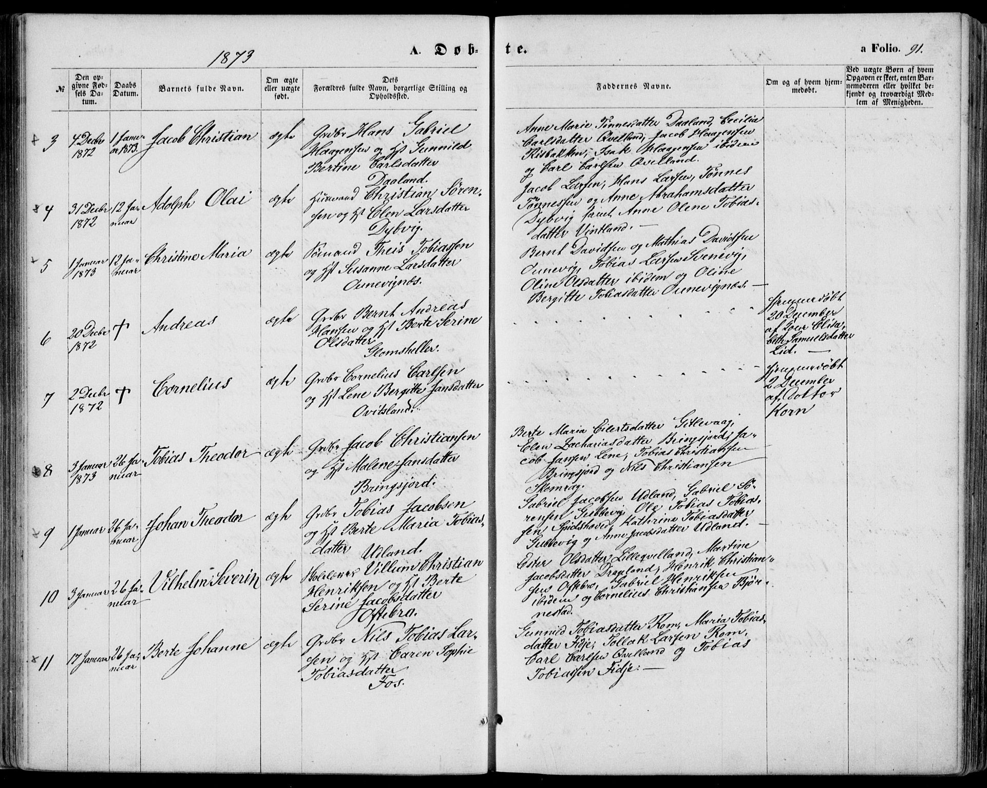 Lyngdal sokneprestkontor, SAK/1111-0029/F/Fa/Fac/L0010: Parish register (official) no. A 10, 1865-1878, p. 91