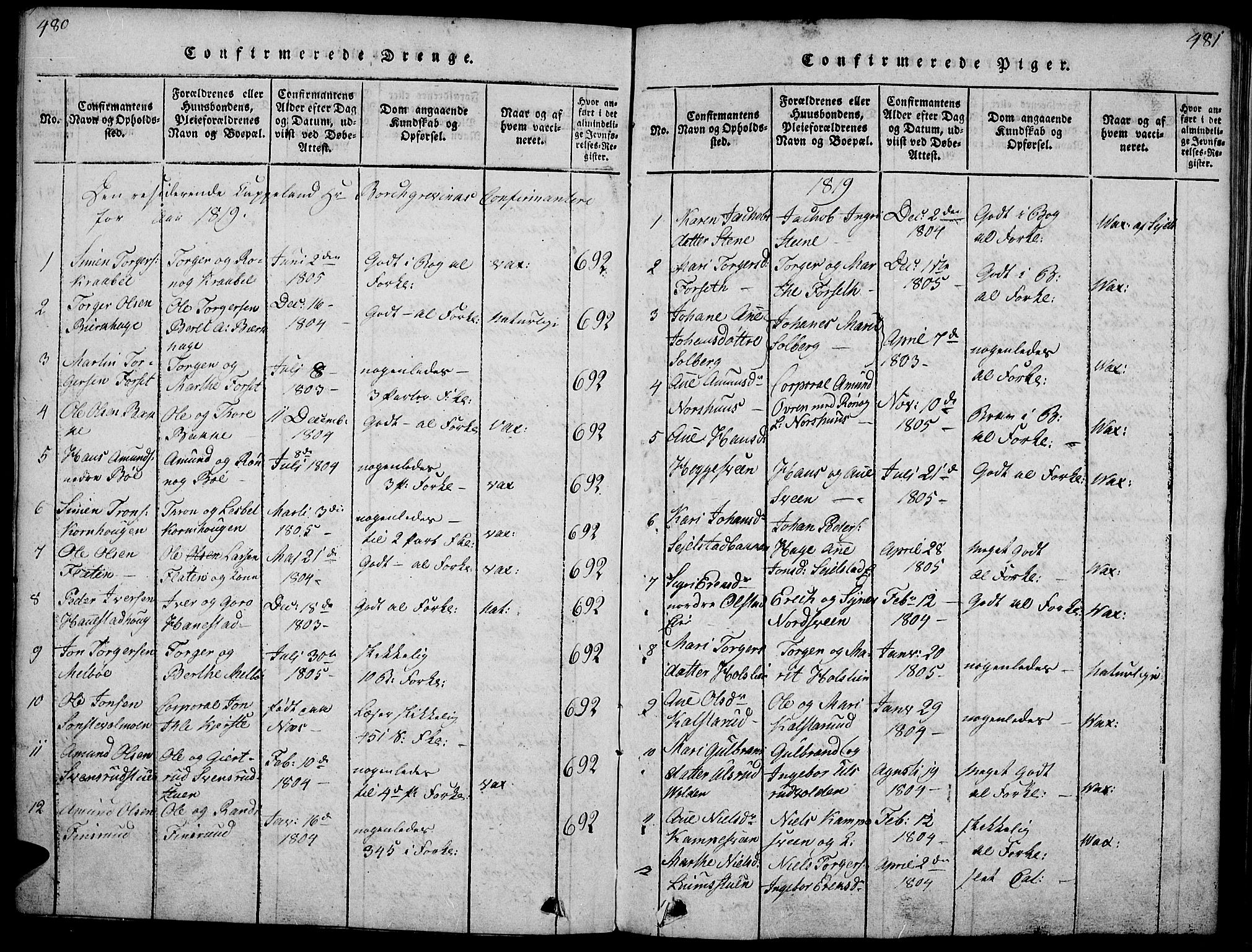 Gausdal prestekontor, SAH/PREST-090/H/Ha/Haa/L0005: Parish register (official) no. 5, 1817-1829, p. 480-481
