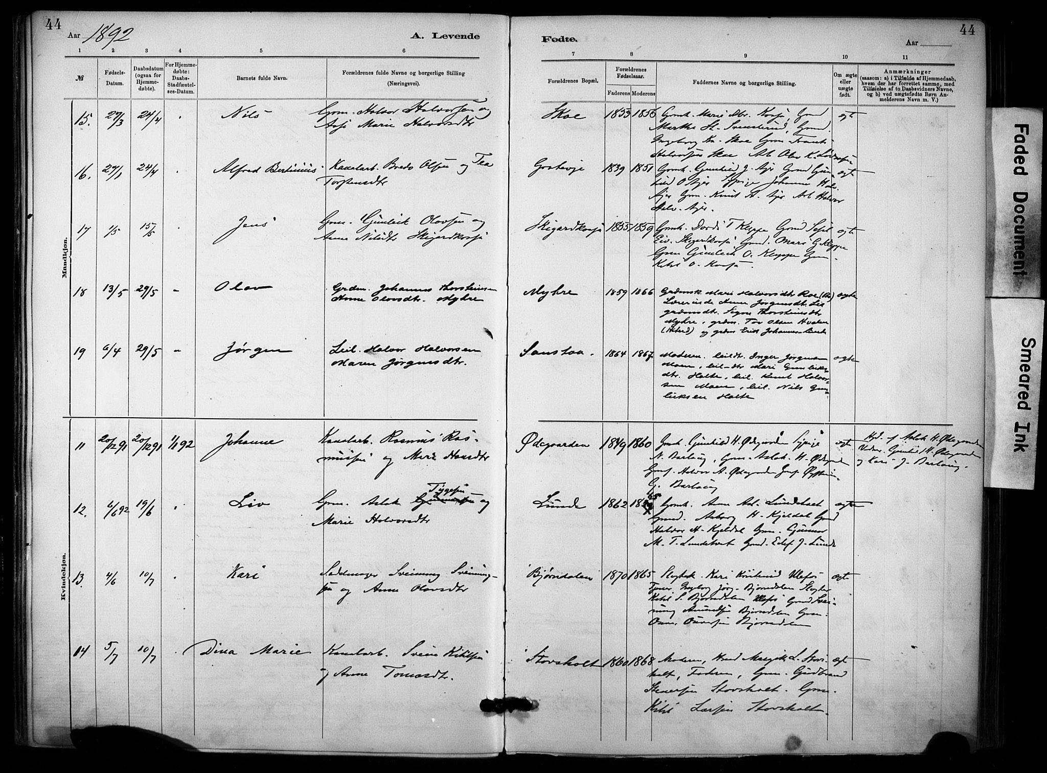 Lunde kirkebøker, AV/SAKO-A-282/F/Fa/L0002: Parish register (official) no. I 2, 1884-1892, p. 44