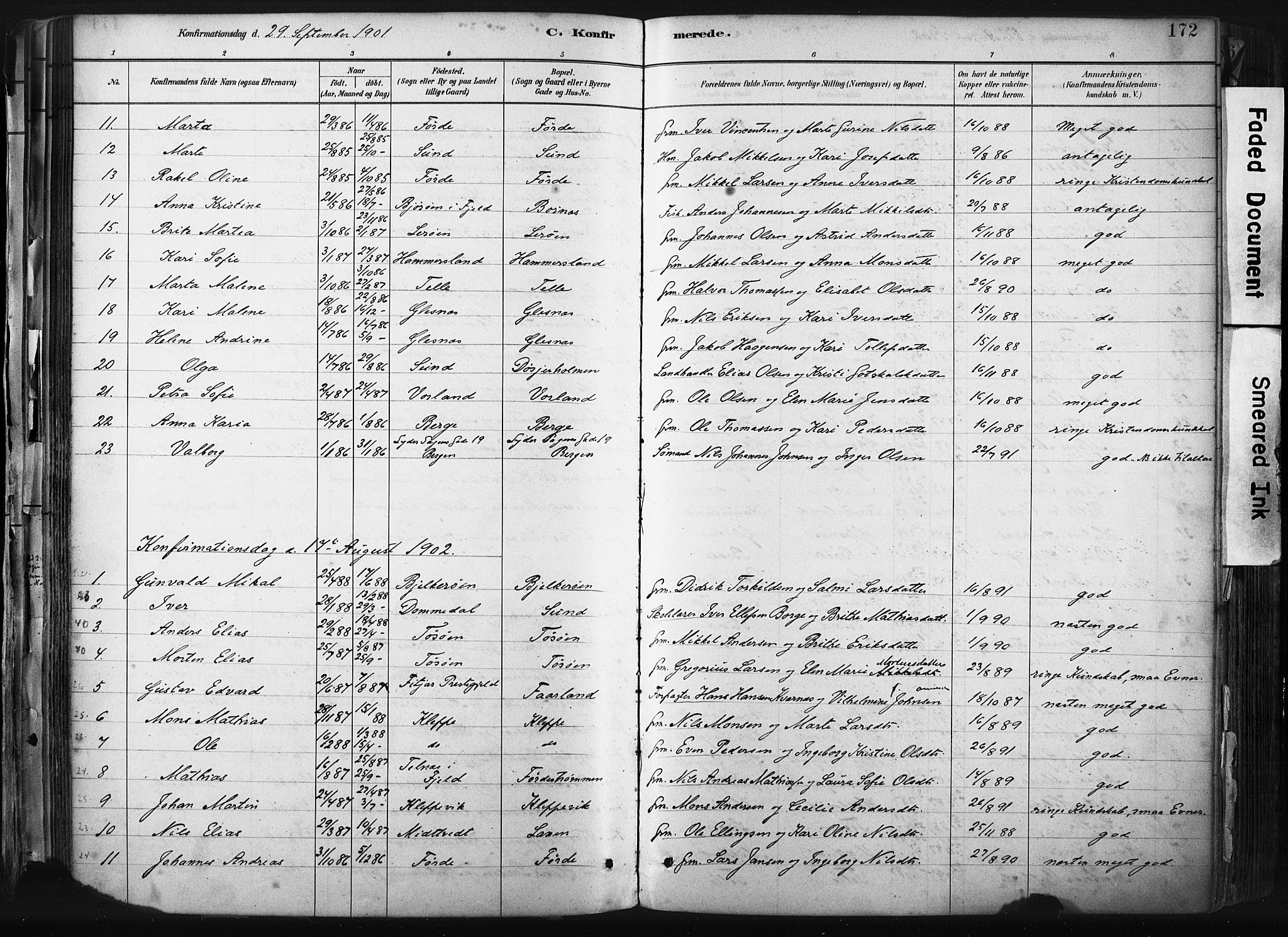 Sund sokneprestembete, SAB/A-99930: Parish register (official) no. B 1, 1882-1907, p. 172