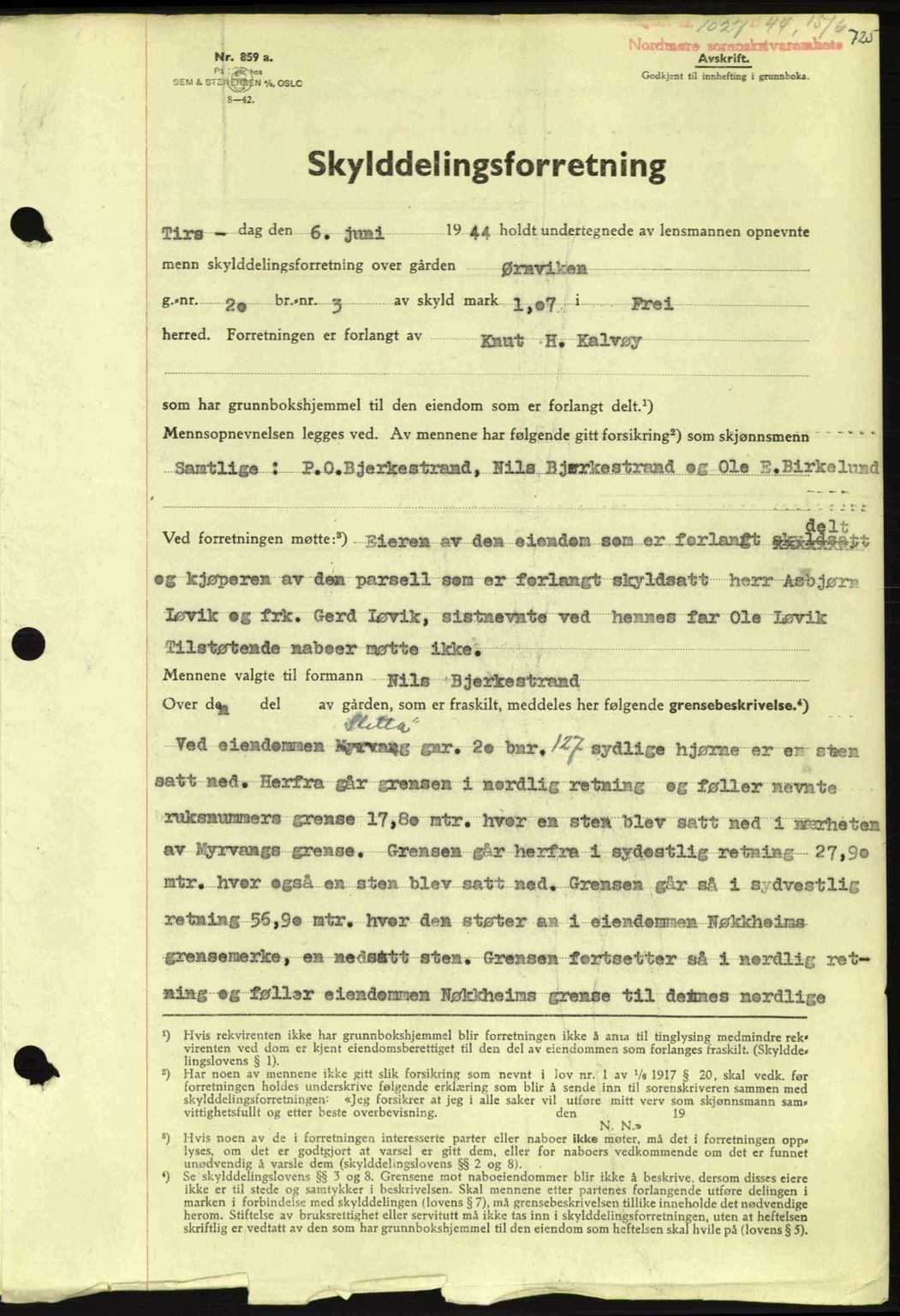 Nordmøre sorenskriveri, AV/SAT-A-4132/1/2/2Ca: Mortgage book no. A97, 1944-1944, Diary no: : 1027/1944