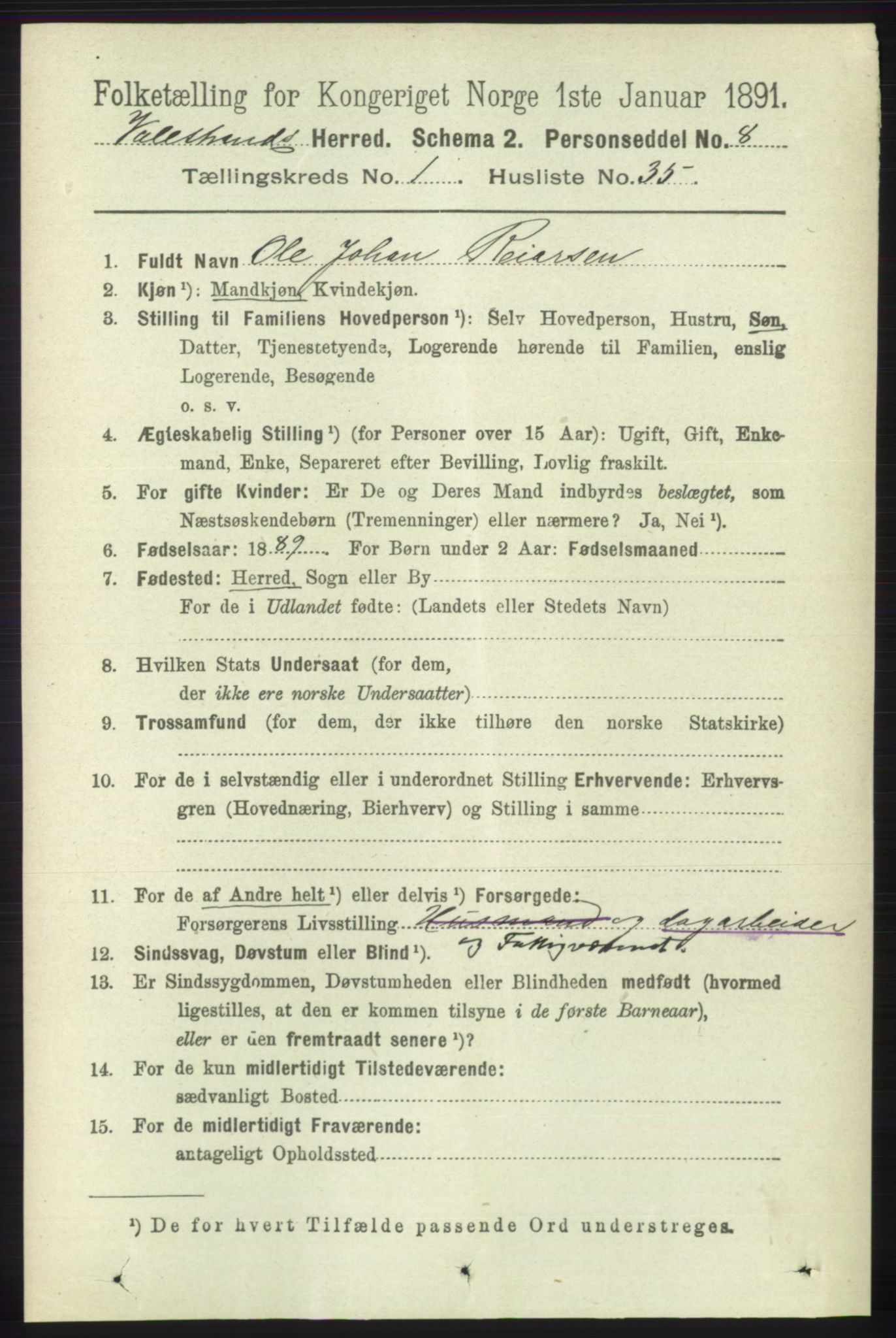 RA, 1891 census for 1217 Valestrand, 1891, p. 253