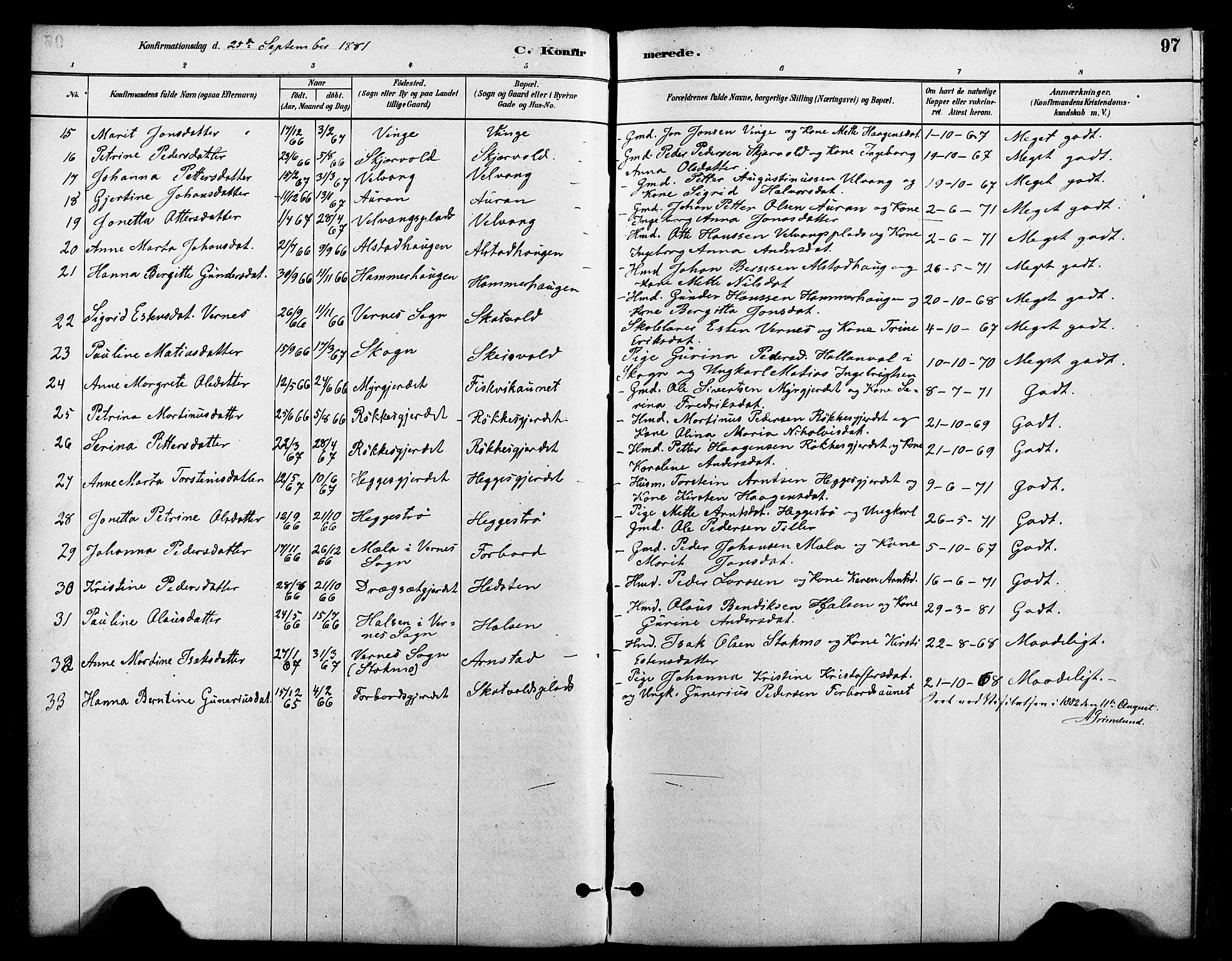 Ministerialprotokoller, klokkerbøker og fødselsregistre - Nord-Trøndelag, AV/SAT-A-1458/712/L0100: Parish register (official) no. 712A01, 1880-1900, p. 97