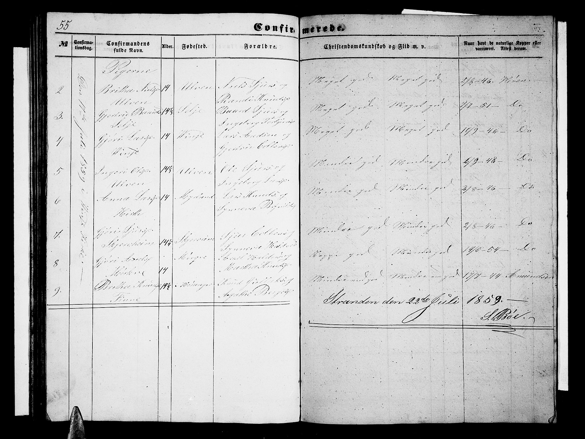 Vossestrand Sokneprestembete, AV/SAB-A-79101/H/Hab: Parish register (copy) no. B 1, 1855-1867, p. 55