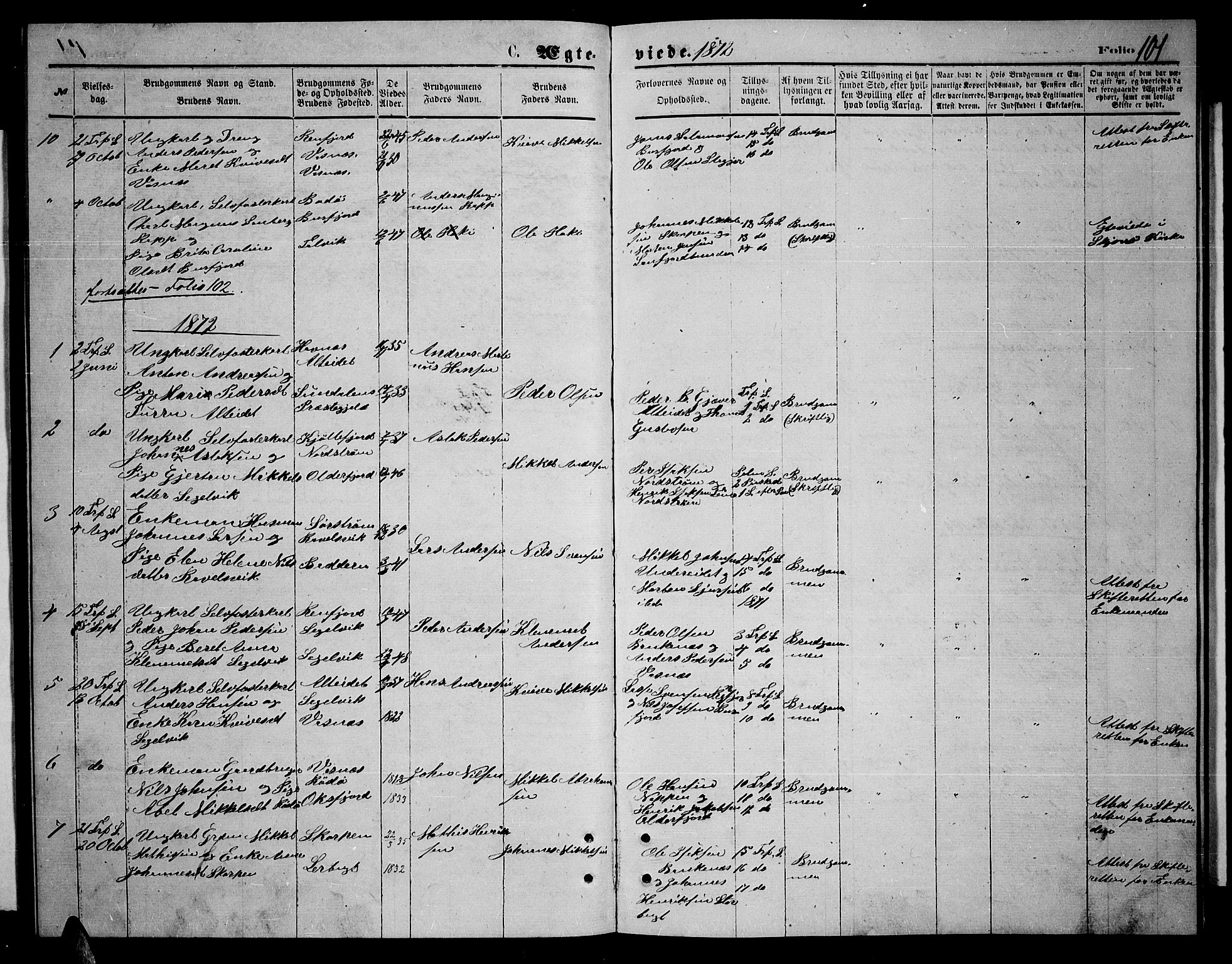 Skjervøy sokneprestkontor, AV/SATØ-S-1300/H/Ha/Hab/L0014klokker: Parish register (copy) no. 14, 1871-1877, p. 101