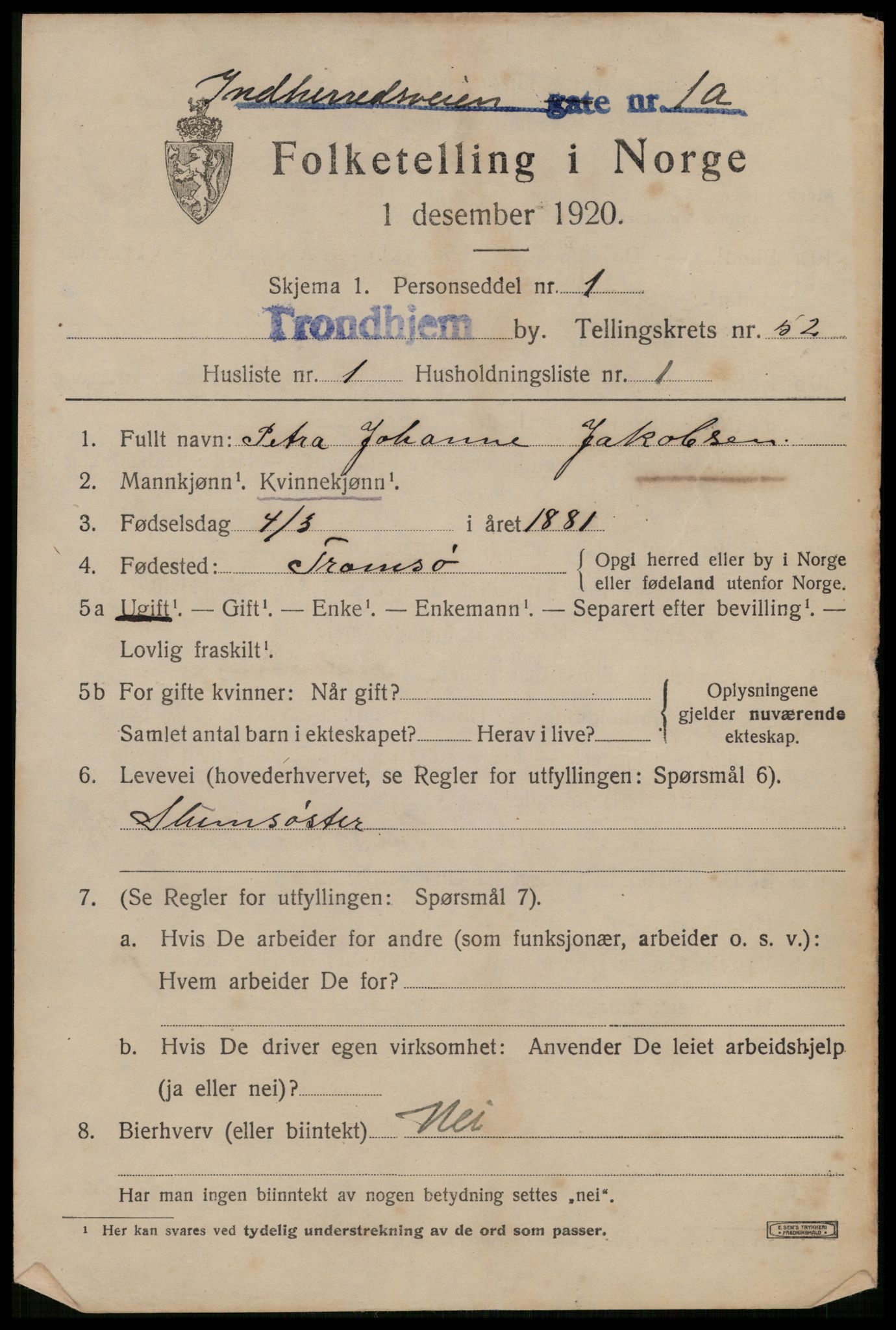 SAT, 1920 census for Trondheim, 1920, p. 106500