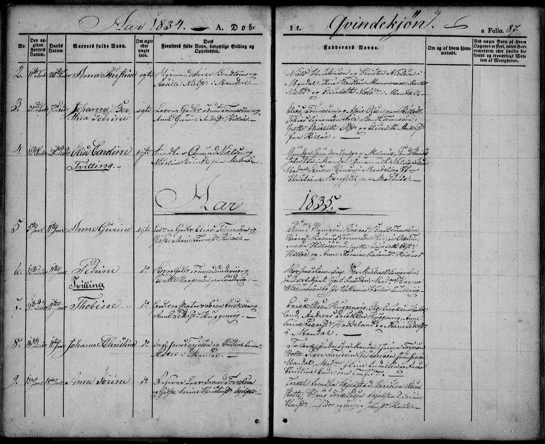 Mandal sokneprestkontor, SAK/1111-0030/F/Fa/Faa/L0011: Parish register (official) no. A 11, 1830-1839, p. 87