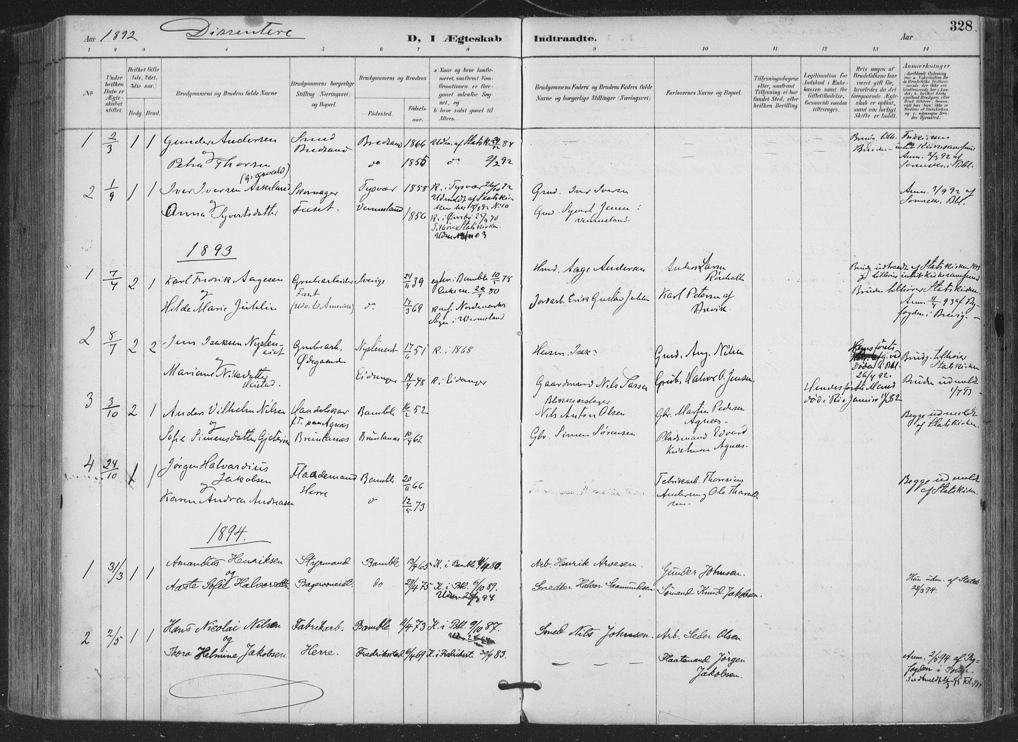 Bamble kirkebøker, SAKO/A-253/F/Fa/L0008: Parish register (official) no. I 8, 1888-1900, p. 328