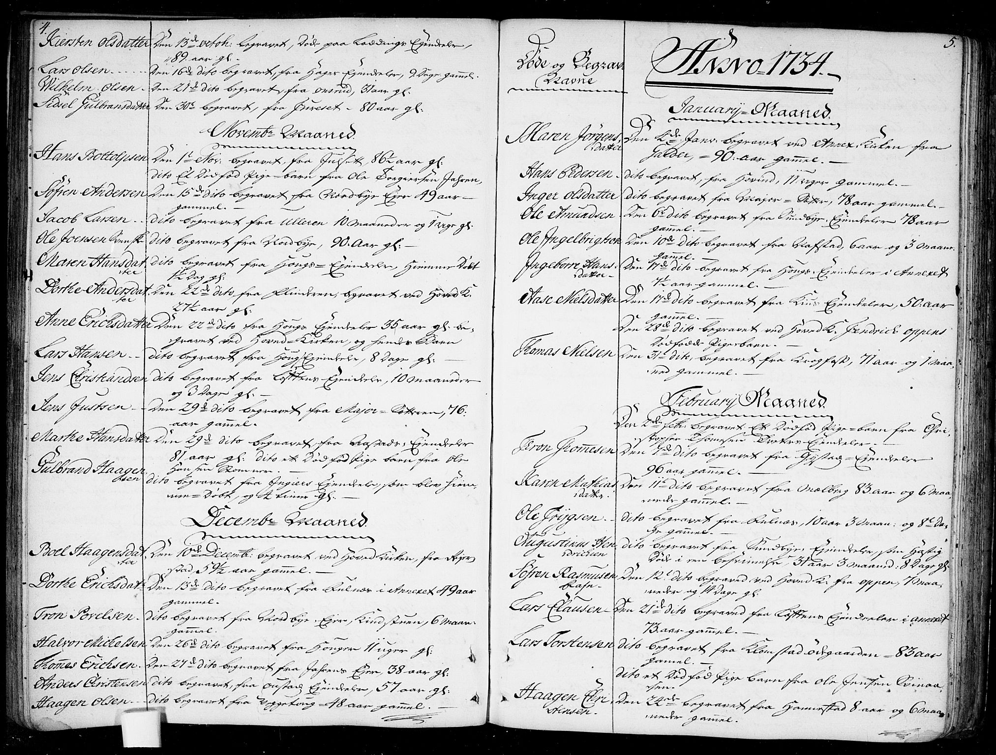 Ullensaker prestekontor Kirkebøker, SAO/A-10236a/F/Fa/L0010: Parish register (official) no. I 10, 1733-1776, p. 4-5