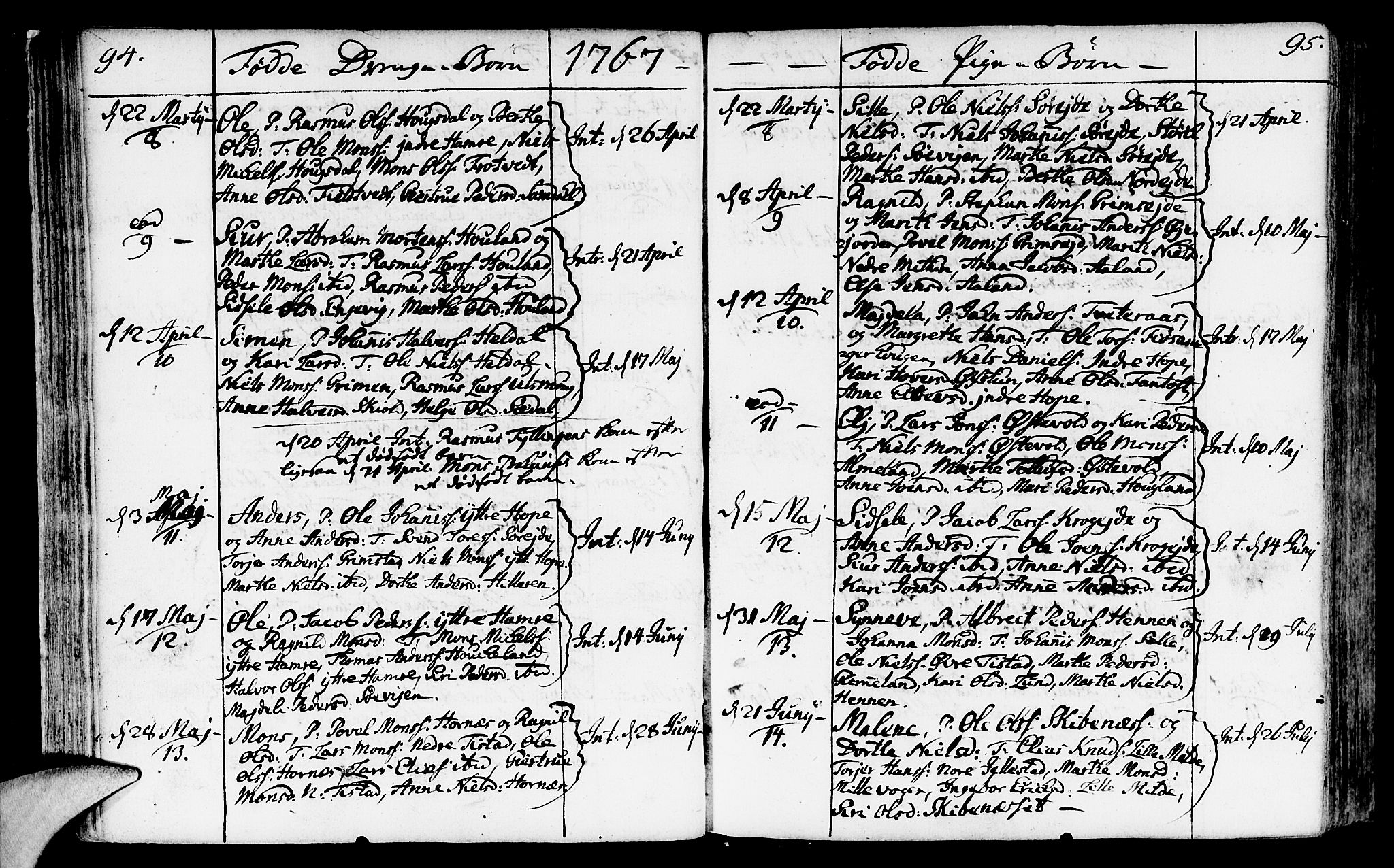 Fana Sokneprestembete, AV/SAB-A-75101/H/Haa/Haaa/L0004: Parish register (official) no. A 4, 1757-1774, p. 94-95