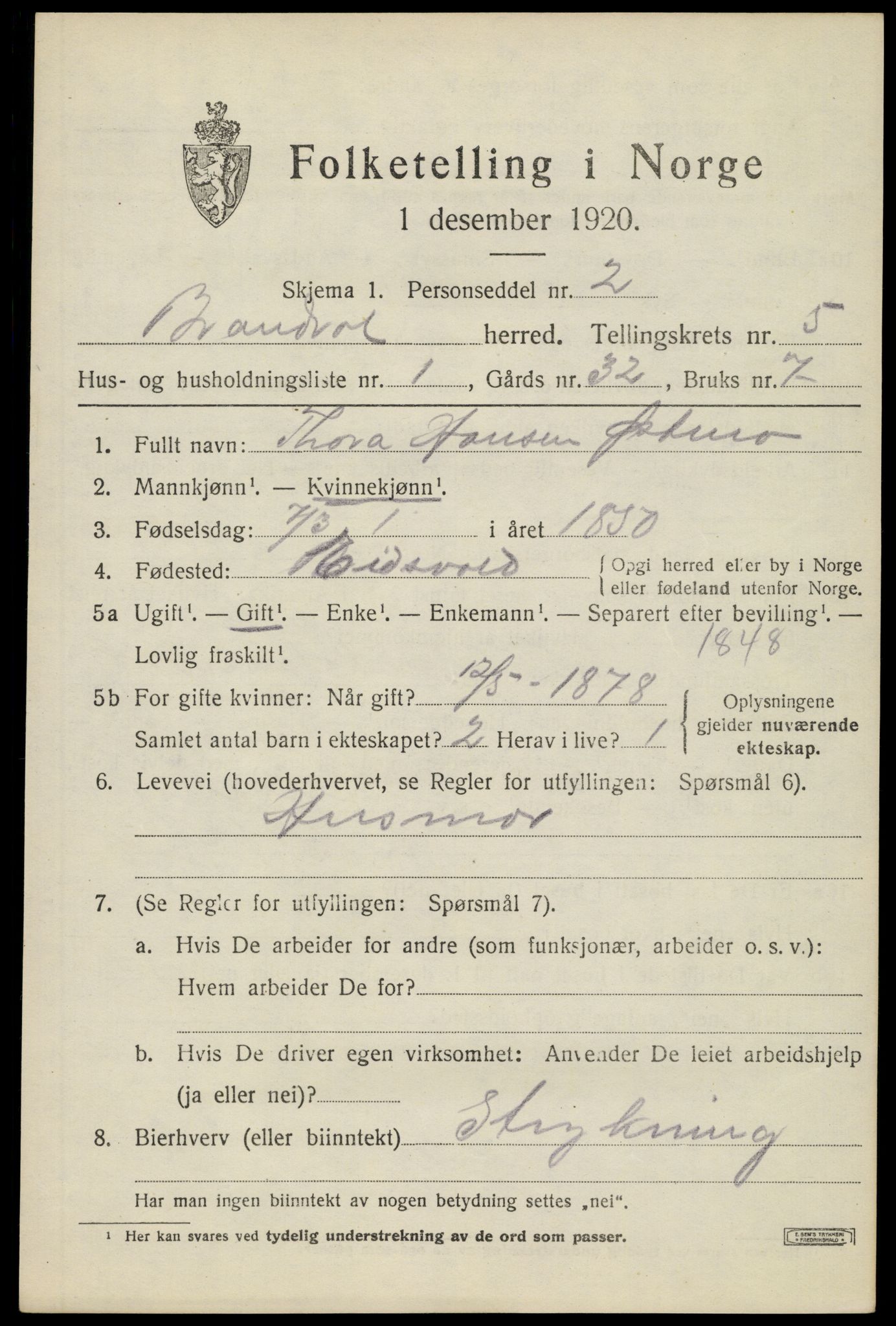 SAH, 1920 census for Brandval, 1920, p. 4374