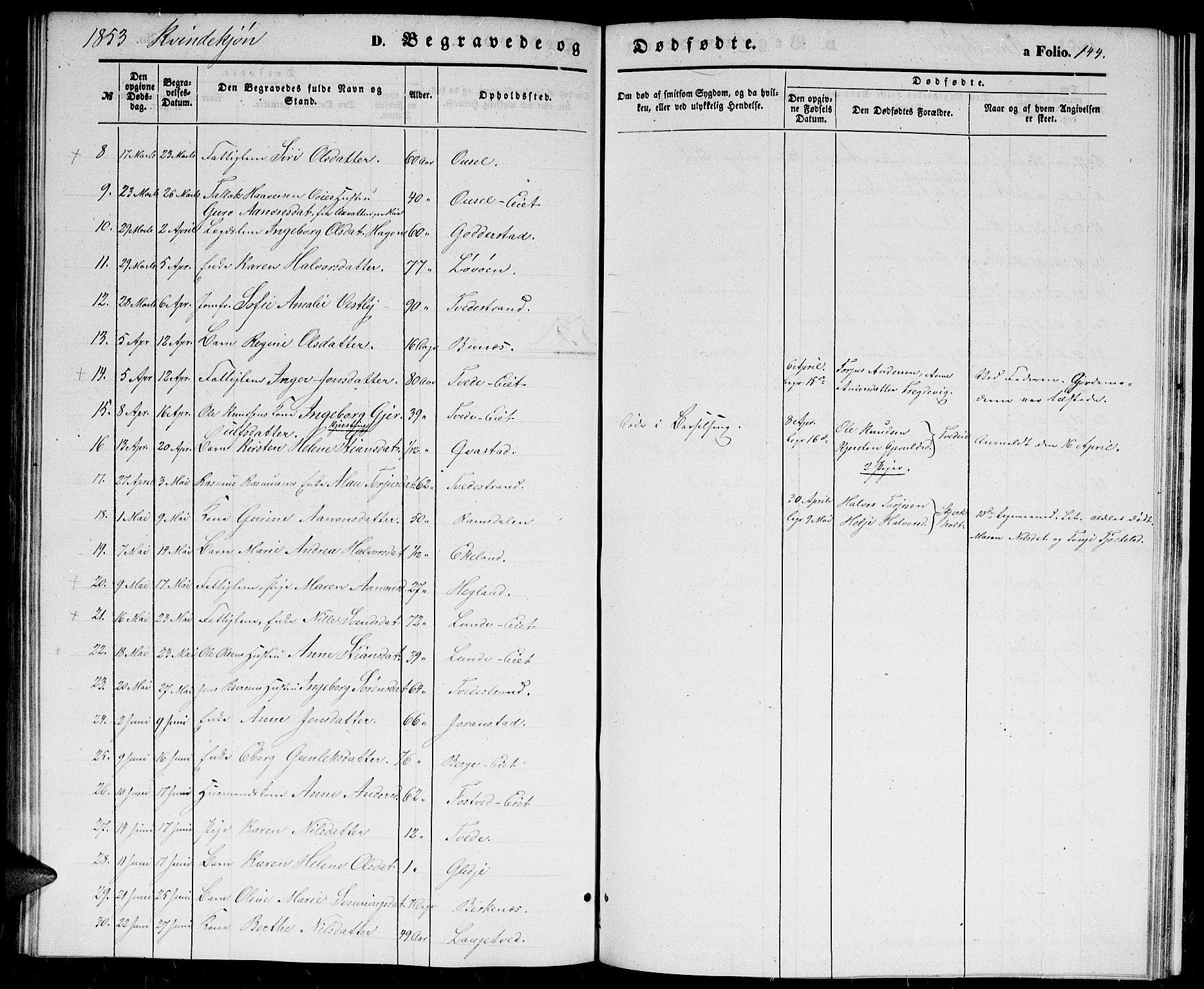 Holt sokneprestkontor, AV/SAK-1111-0021/F/Fb/L0007: Parish register (copy) no. B 7, 1849-1858, p. 144