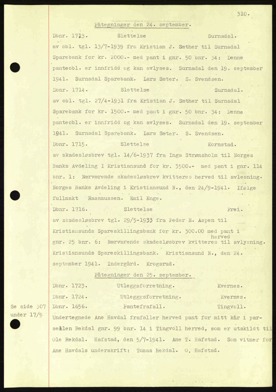 Nordmøre sorenskriveri, AV/SAT-A-4132/1/2/2Ca: Mortgage book no. C81, 1940-1945, Diary no: : 1713/1941