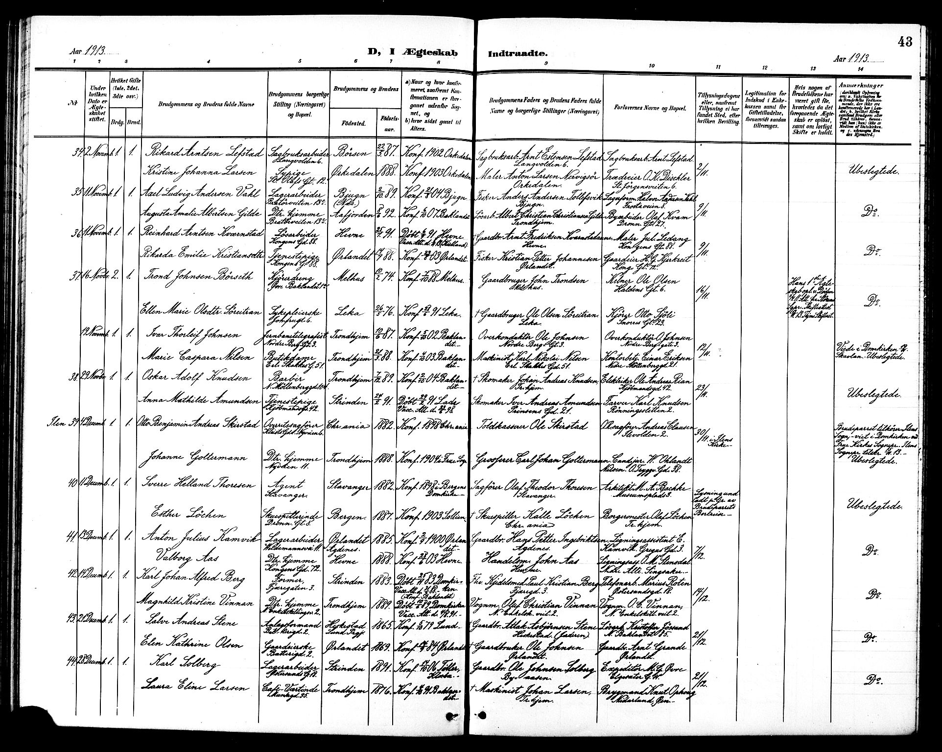 Ministerialprotokoller, klokkerbøker og fødselsregistre - Sør-Trøndelag, SAT/A-1456/602/L0145: Parish register (copy) no. 602C13, 1902-1919, p. 43