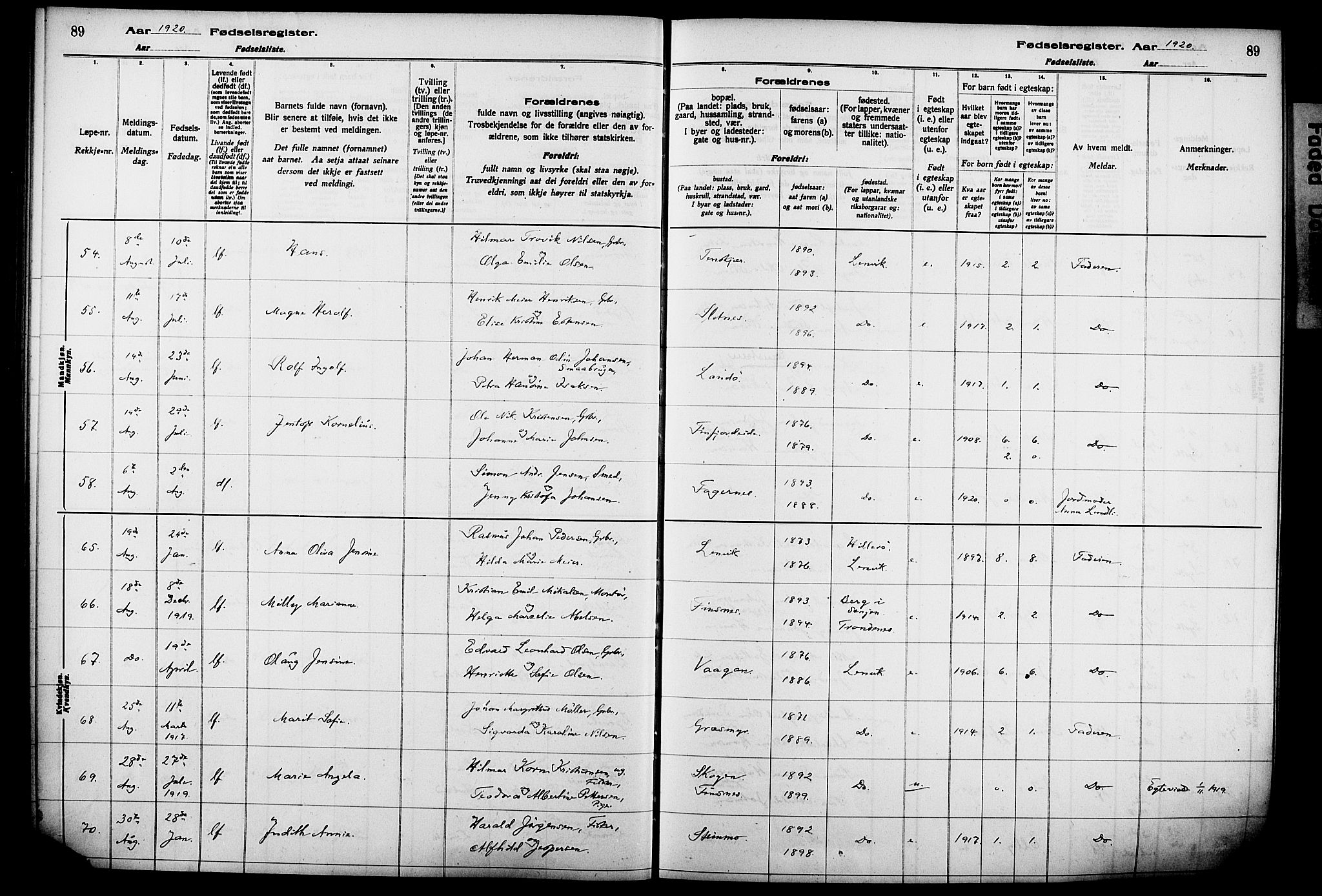 Lenvik sokneprestembete, SATØ/S-1310/I/Ic/L0089: Birth register no. 89, 1916-1926, p. 89
