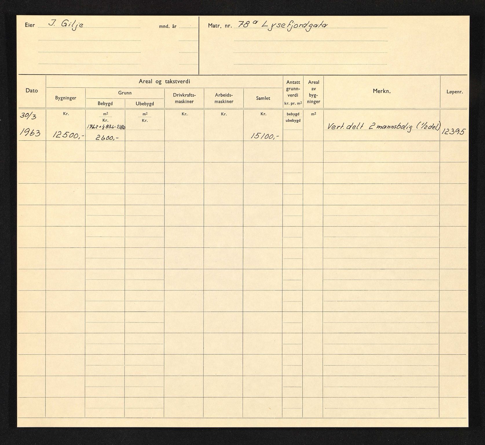 Stavanger kommune. Skattetakstvesenet, BYST/A-0440/F/Fa/Faa/L0029/0004: Skattetakstkort / Lysefjordgata 75 - Løkkeveien 26