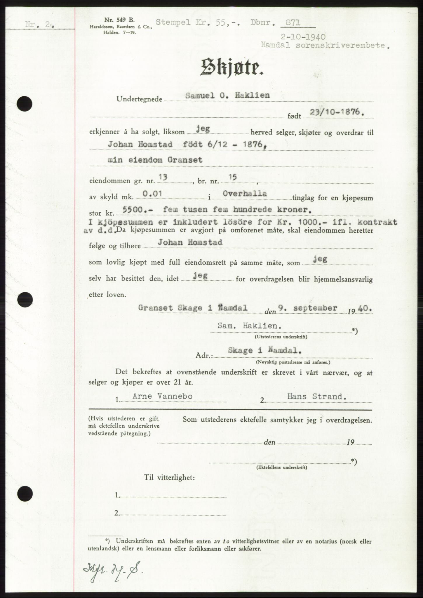 Namdal sorenskriveri, SAT/A-4133/1/2/2C: Mortgage book no. -, 1940-1941, Deed date: 02.10.1940