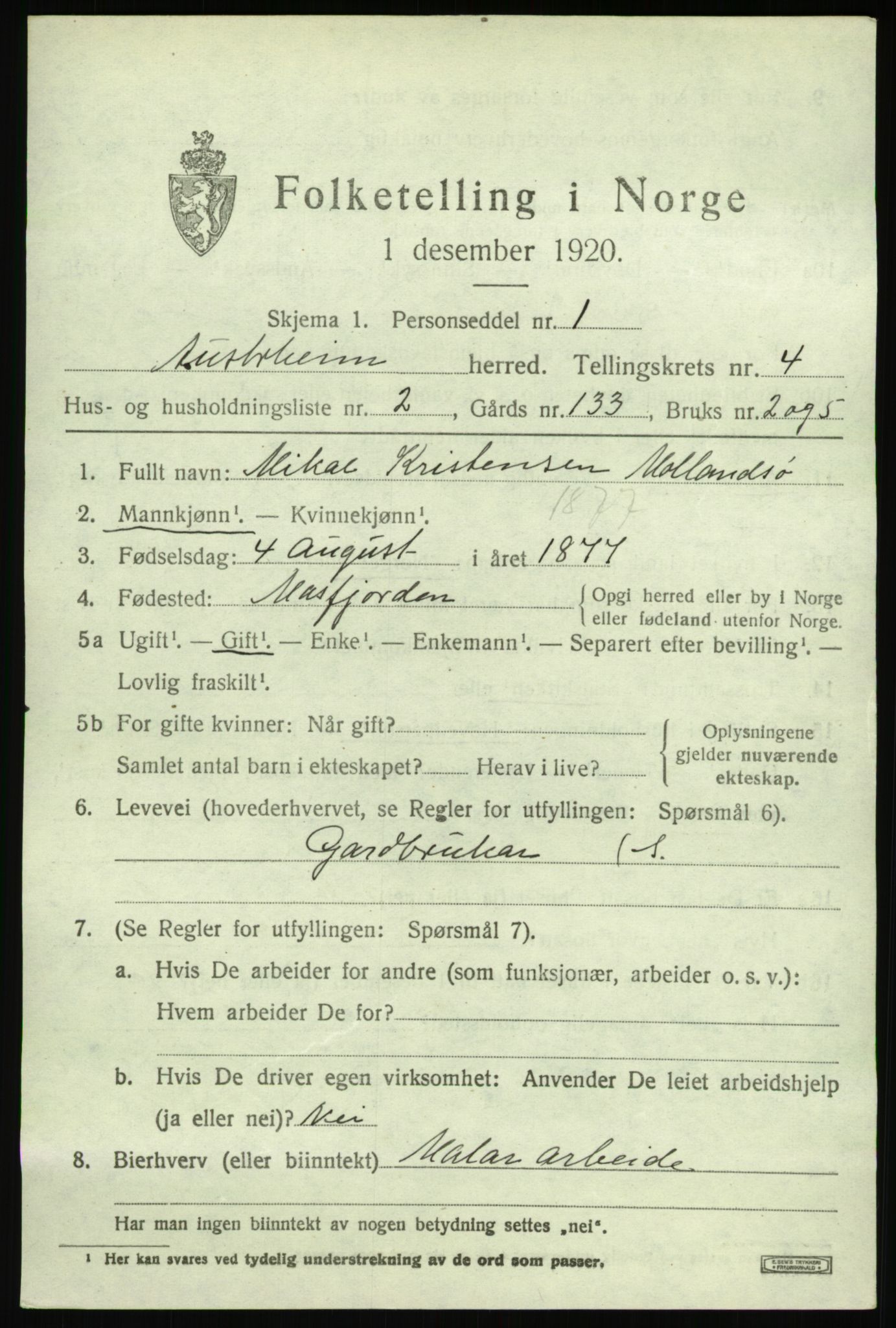 SAB, 1920 census for Austrheim, 1920, p. 1778