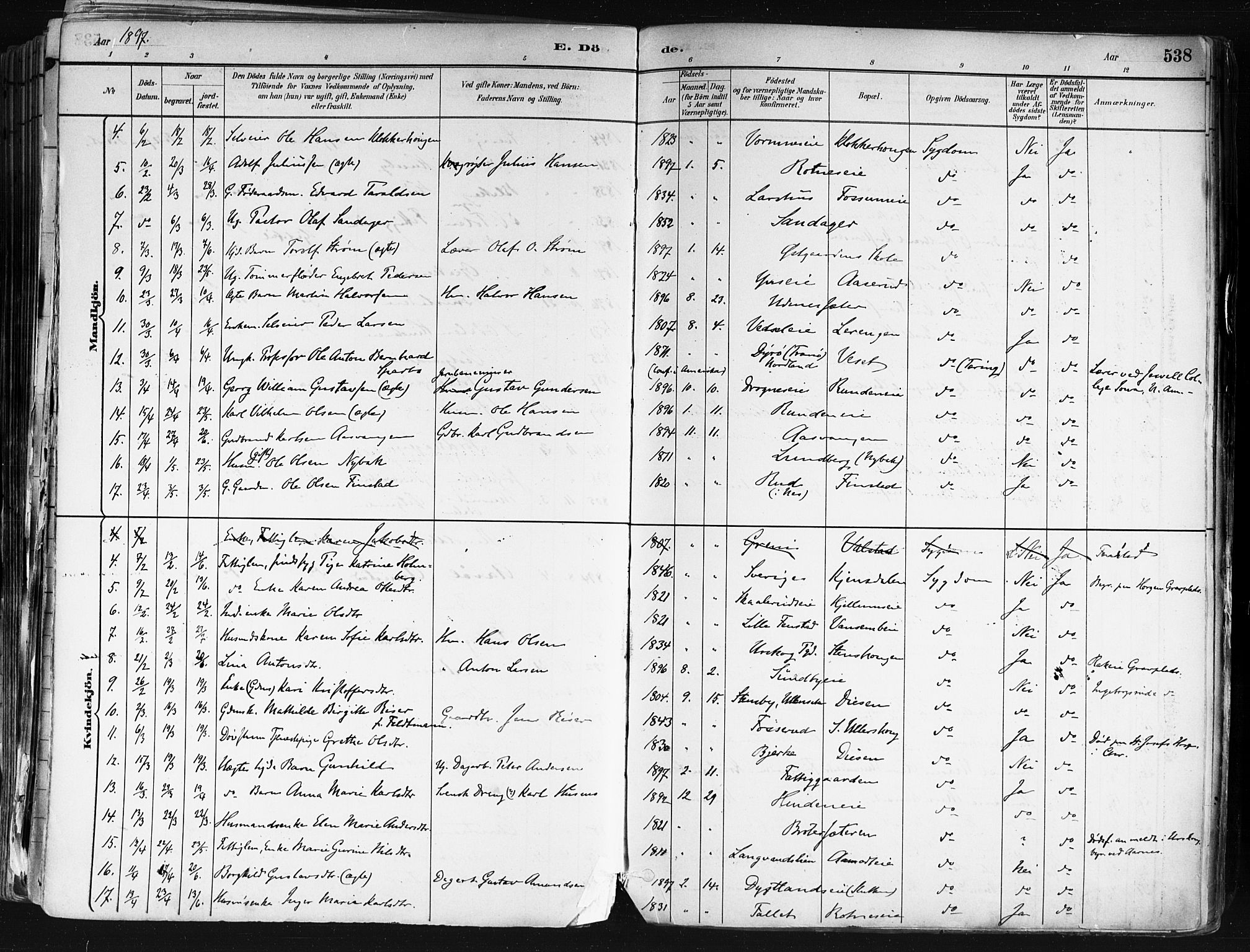 Nes prestekontor Kirkebøker, AV/SAO-A-10410/F/Fa/L0010: Parish register (official) no. I 10, 1883-1898, p. 538