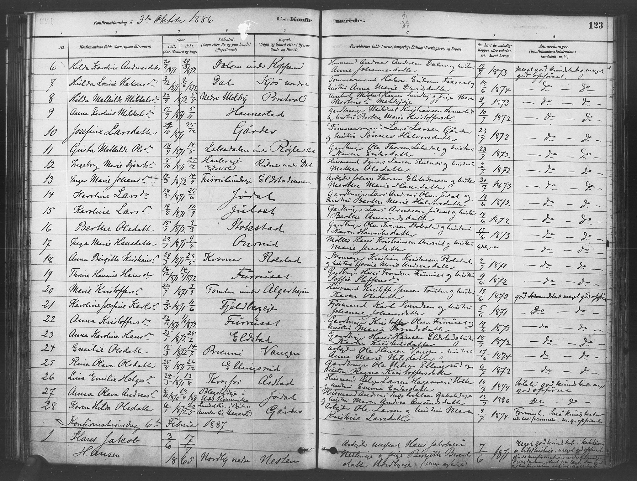 Ullensaker prestekontor Kirkebøker, SAO/A-10236a/F/Fb/L0001: Parish register (official) no. II 1, 1878-1893, p. 123