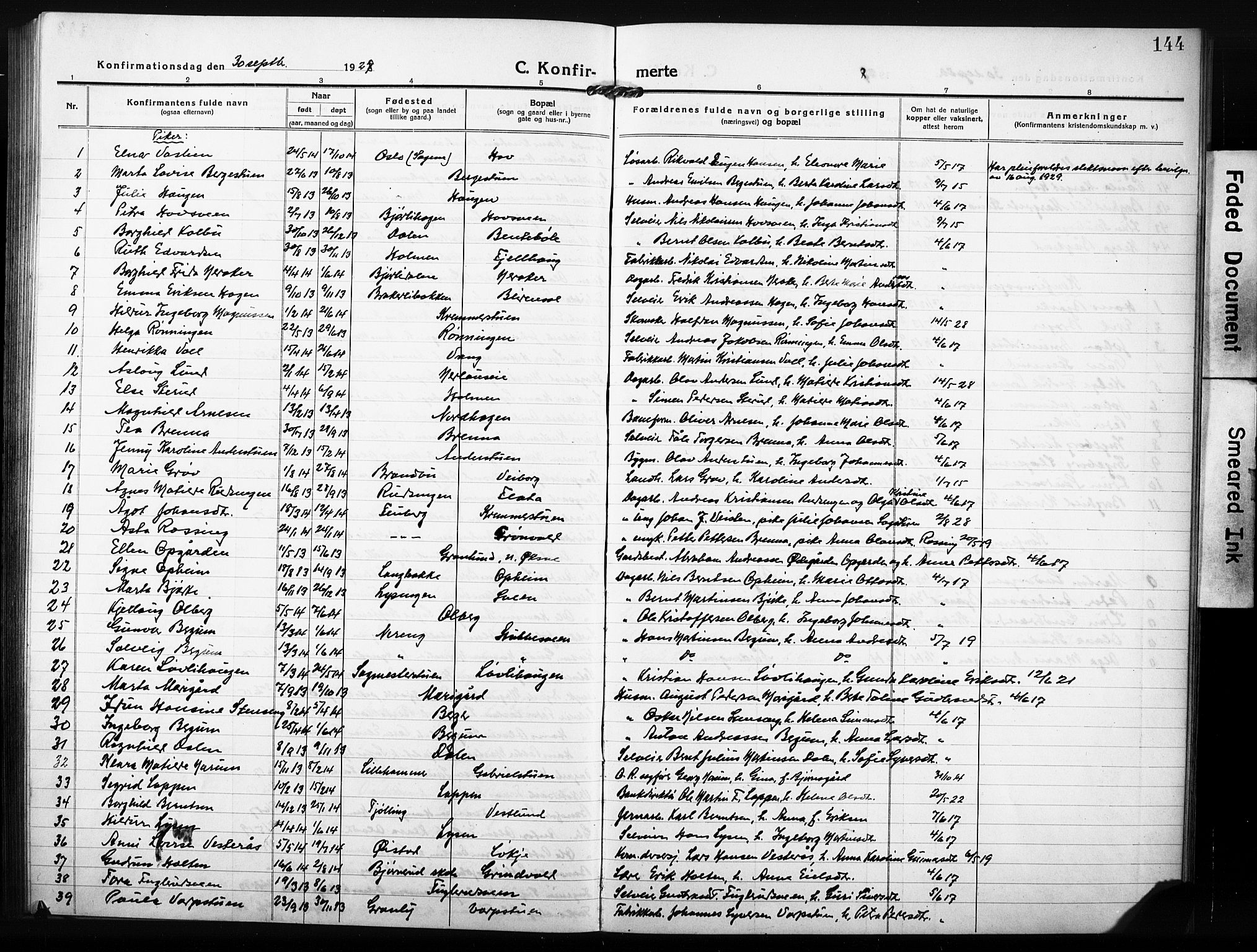 Søndre Land prestekontor, AV/SAH-PREST-122/L/L0007: Parish register (copy) no. 7, 1915-1932, p. 144