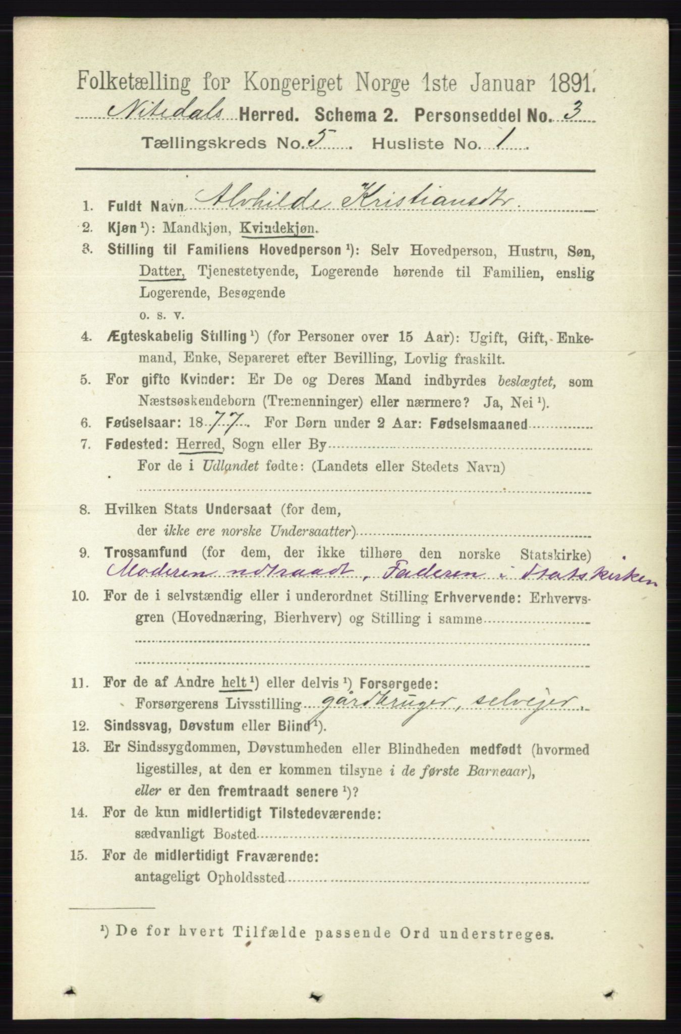 RA, 1891 census for 0233 Nittedal, 1891, p. 2186