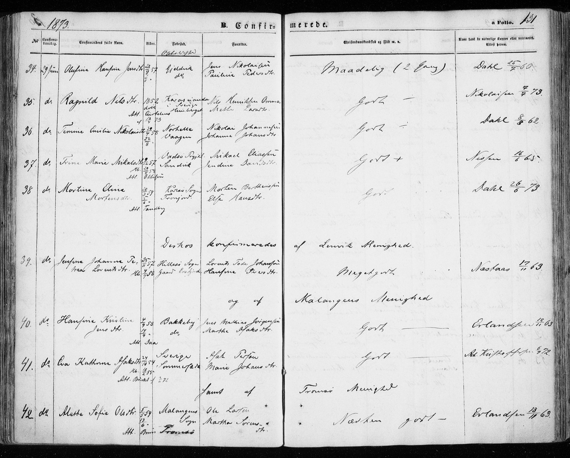 Tromsøysund sokneprestkontor, AV/SATØ-S-1304/G/Ga/L0002kirke: Parish register (official) no. 2, 1867-1875, p. 131