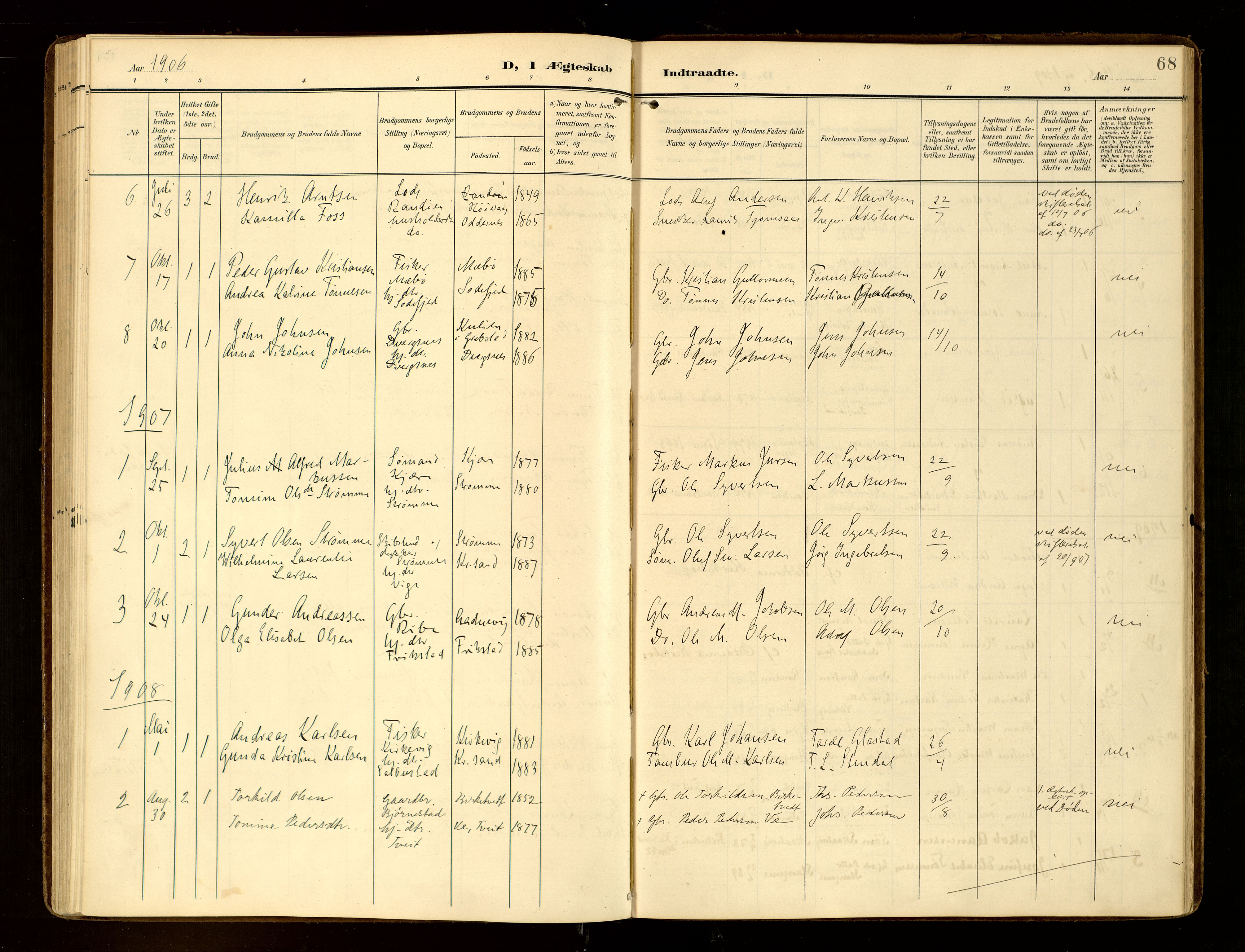 Oddernes sokneprestkontor, AV/SAK-1111-0033/F/Fa/Fab/L0003: Parish register (official) no. A 3, 1903-1916, p. 68