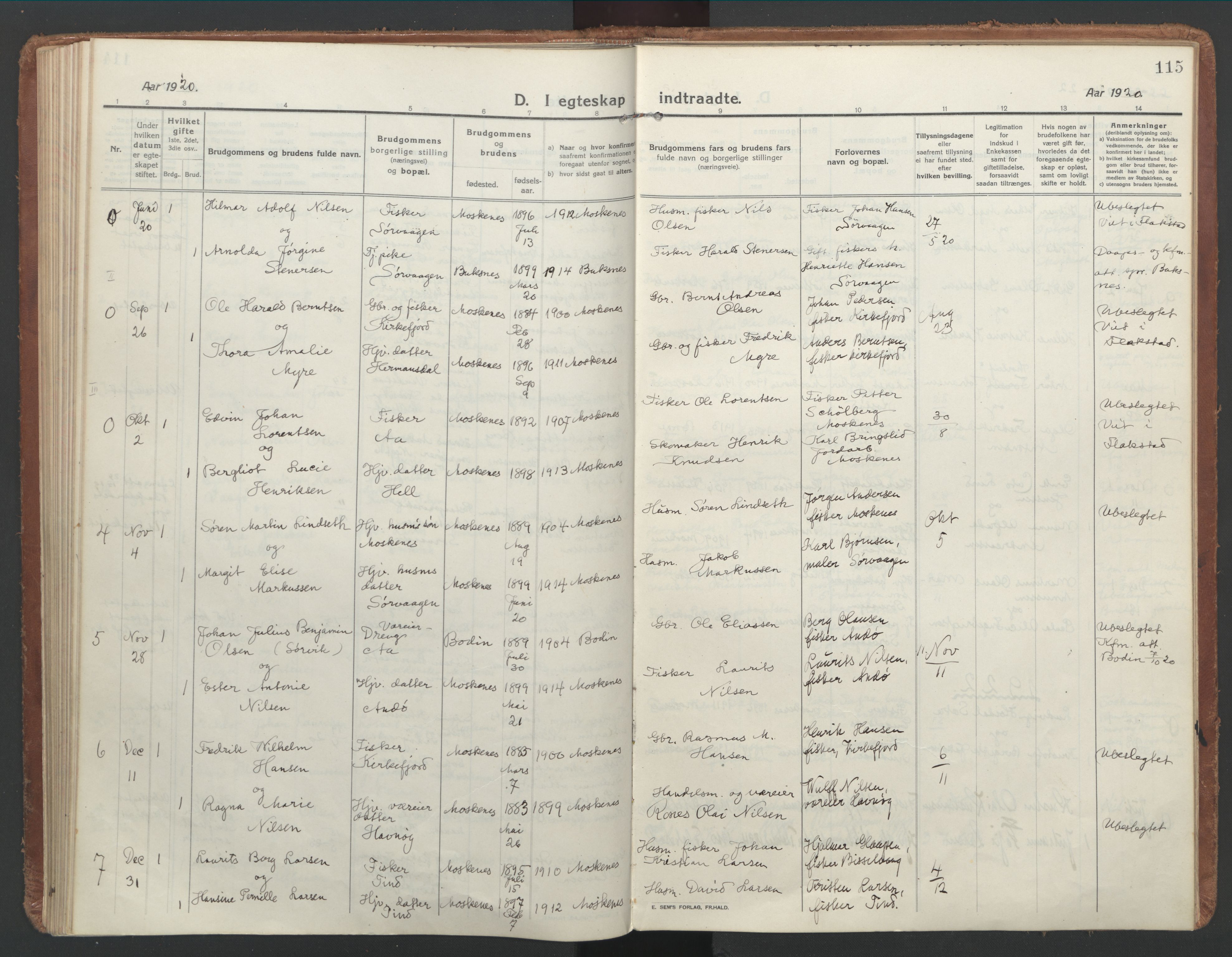 Ministerialprotokoller, klokkerbøker og fødselsregistre - Nordland, AV/SAT-A-1459/886/L1222: Parish register (official) no. 886A04, 1914-1926, p. 115