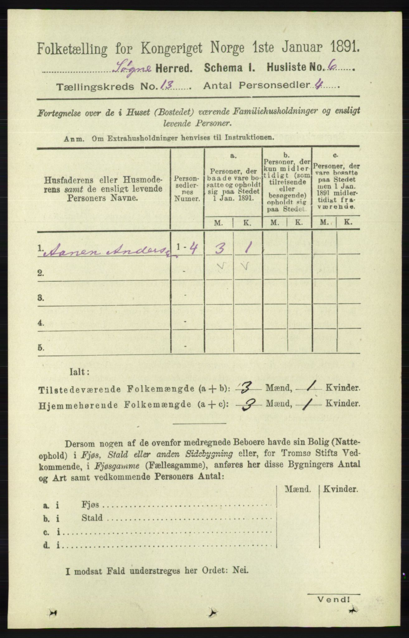 RA, 1891 census for 1018 Søgne, 1891, p. 3196