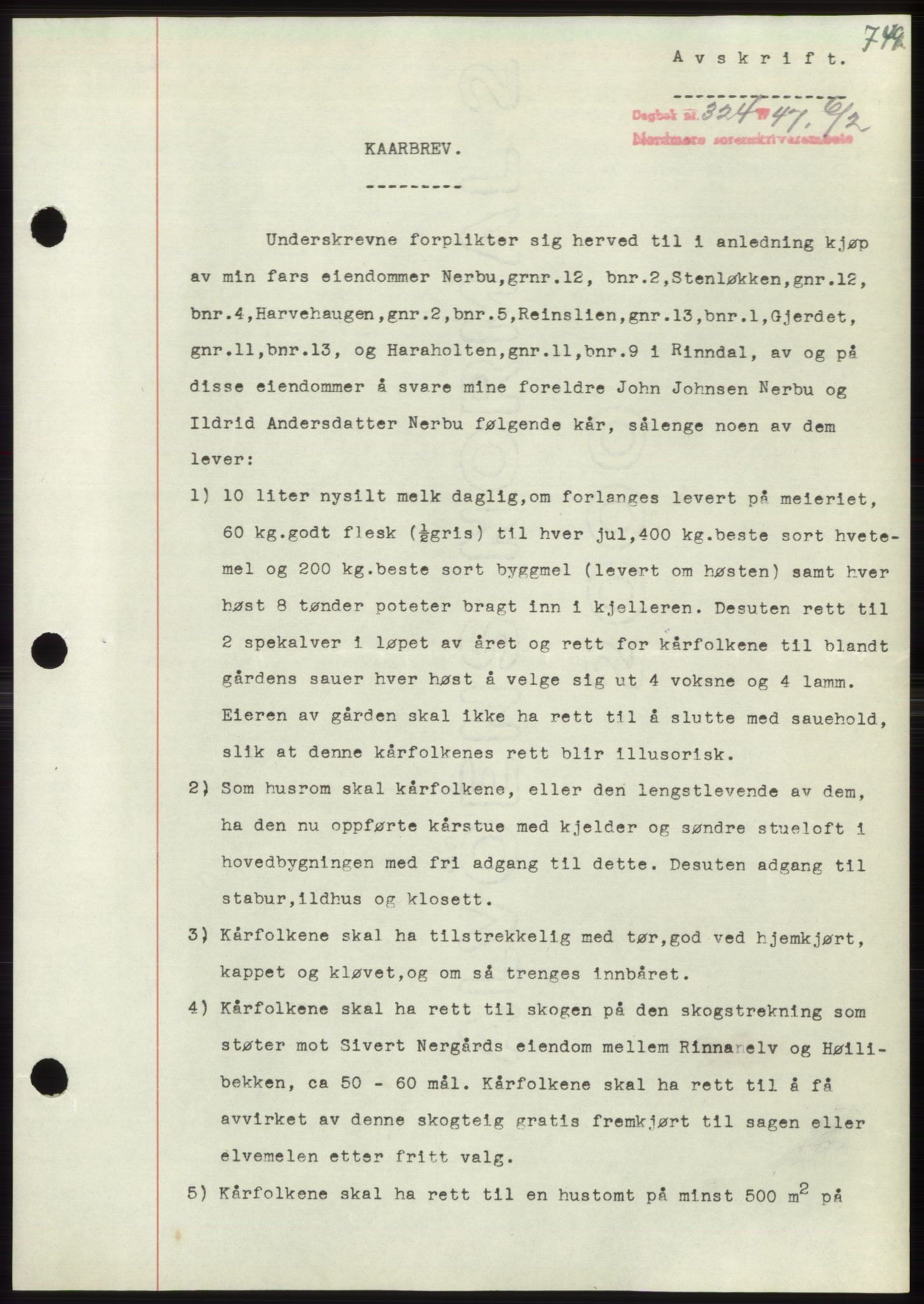 Nordmøre sorenskriveri, AV/SAT-A-4132/1/2/2Ca: Mortgage book no. B95, 1946-1947, Diary no: : 324/1947