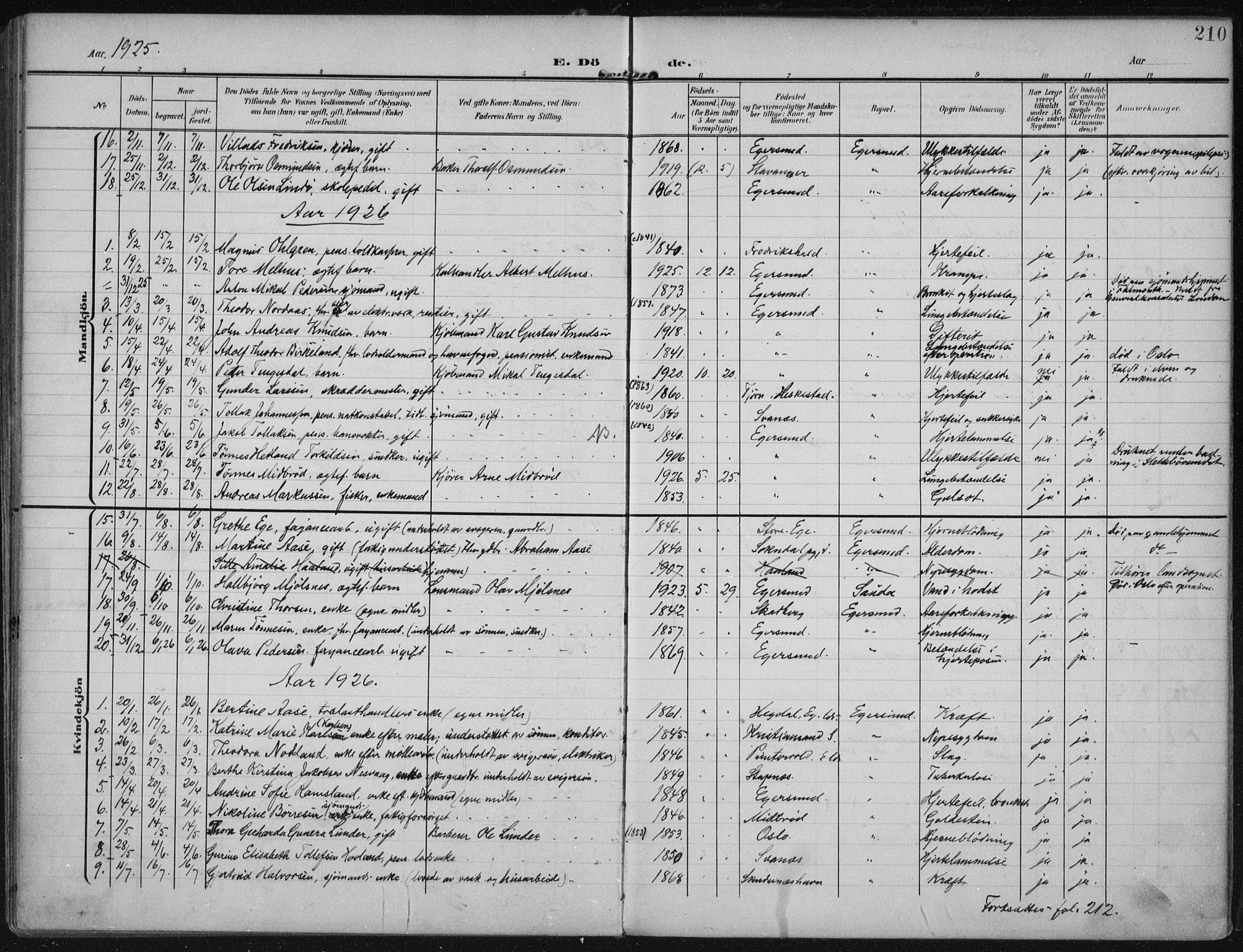 Eigersund sokneprestkontor, SAST/A-101807/S08/L0022: Parish register (official) no. A 21, 1905-1928, p. 210