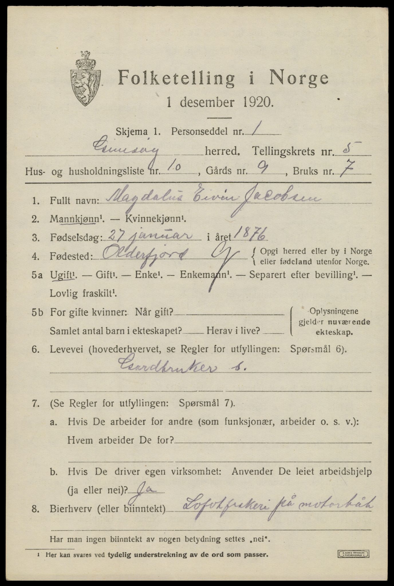 SAT, 1920 census for Gimsøy, 1920, p. 2663