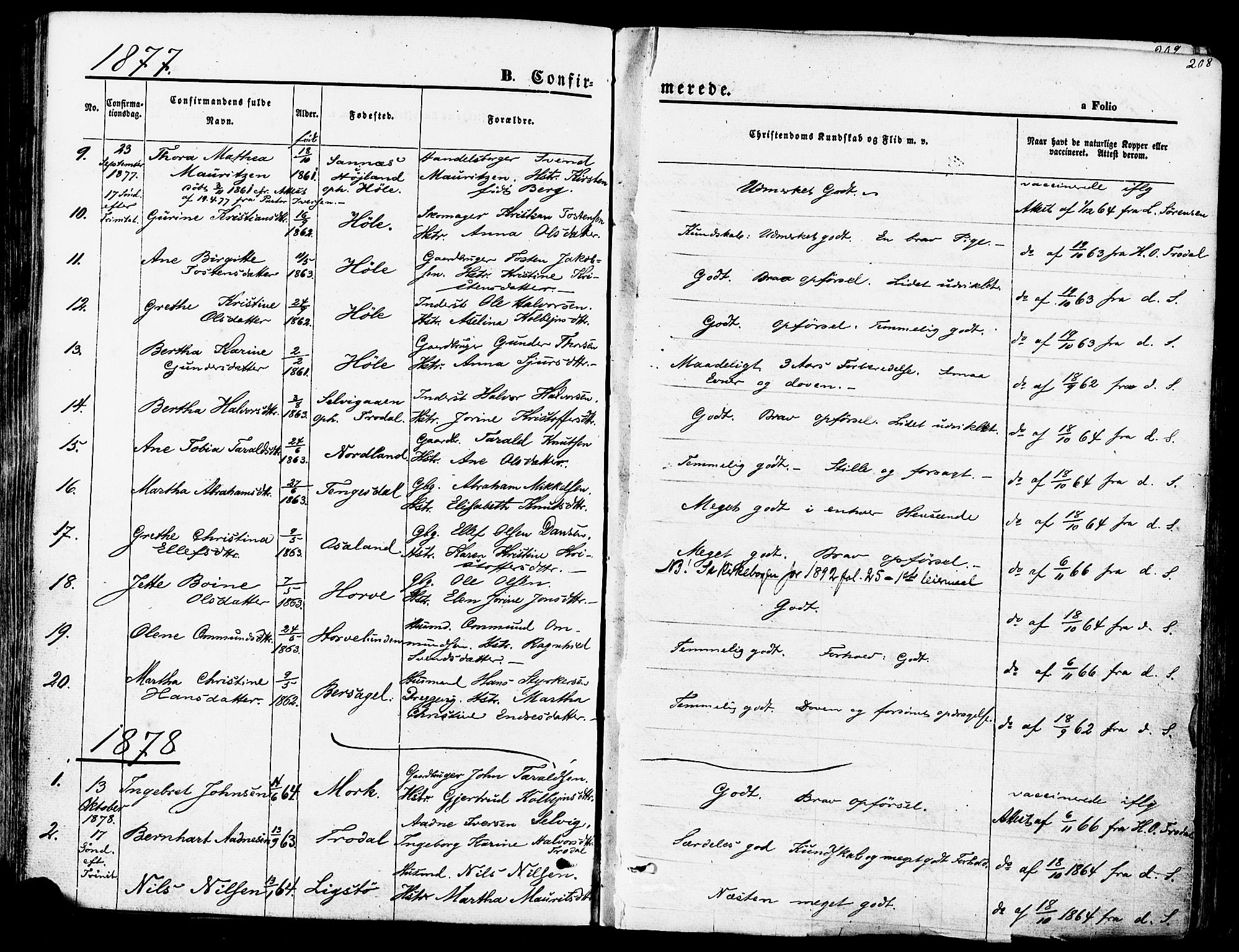 Høgsfjord sokneprestkontor, SAST/A-101624/H/Ha/Haa/L0002: Parish register (official) no. A 2, 1855-1885, p. 208