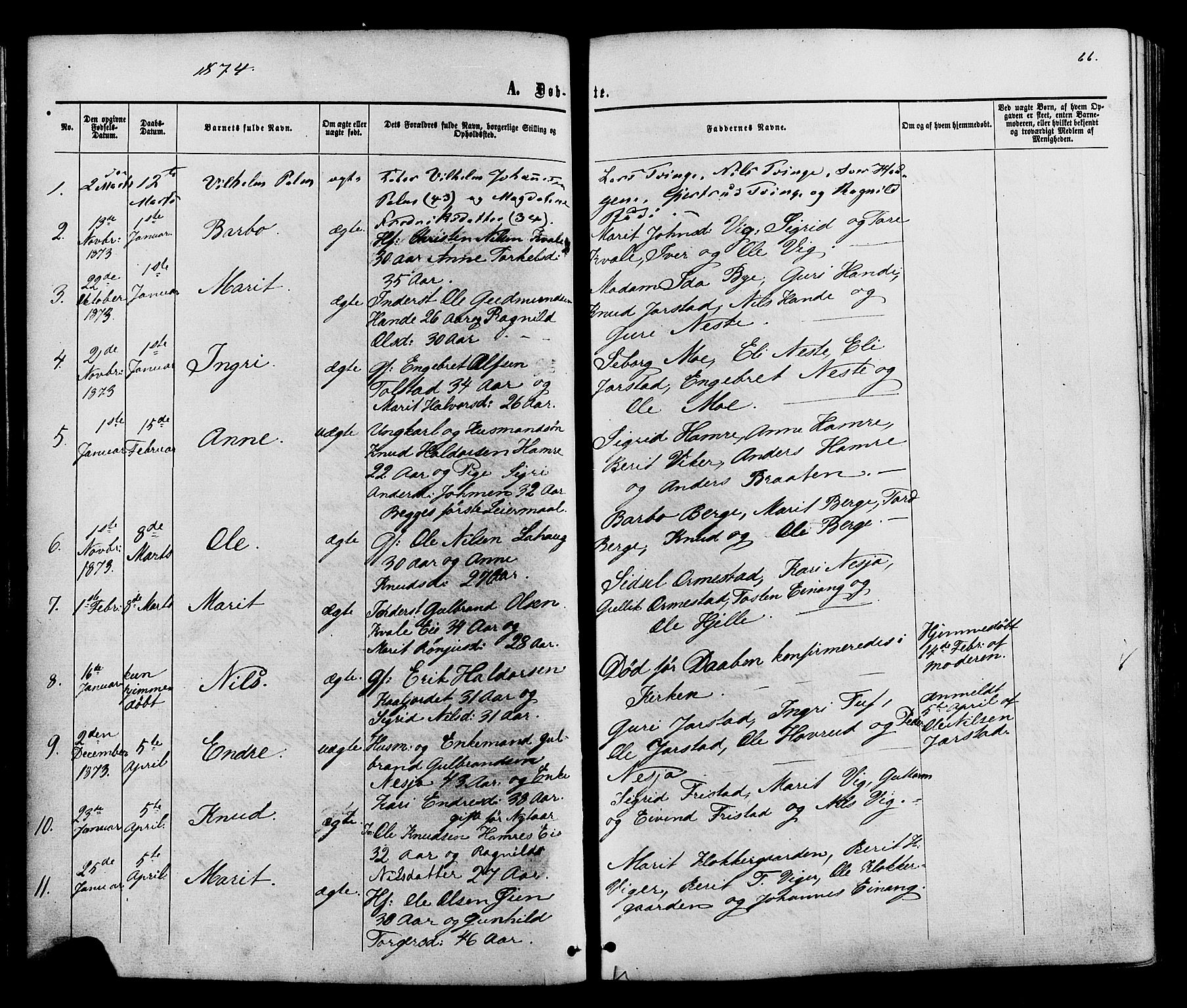 Vestre Slidre prestekontor, SAH/PREST-136/H/Ha/Haa/L0003: Parish register (official) no. 3, 1865-1880, p. 66
