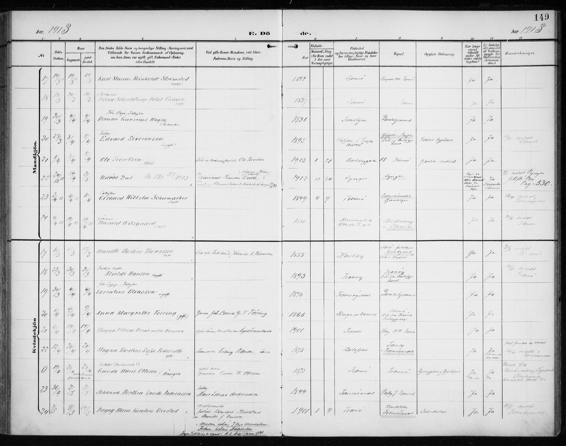 Tromsø sokneprestkontor/stiftsprosti/domprosti, AV/SATØ-S-1343/G/Ga/L0018kirke: Parish register (official) no. 18, 1907-1917, p. 149