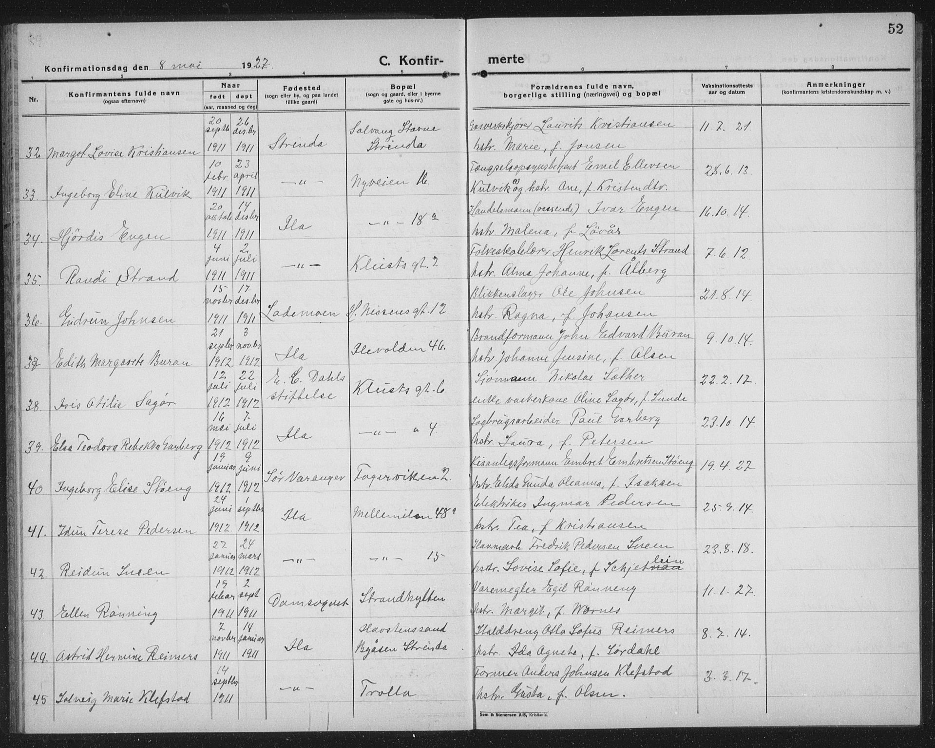 Ministerialprotokoller, klokkerbøker og fødselsregistre - Sør-Trøndelag, SAT/A-1456/603/L0175: Parish register (copy) no. 603C03, 1923-1941, p. 52