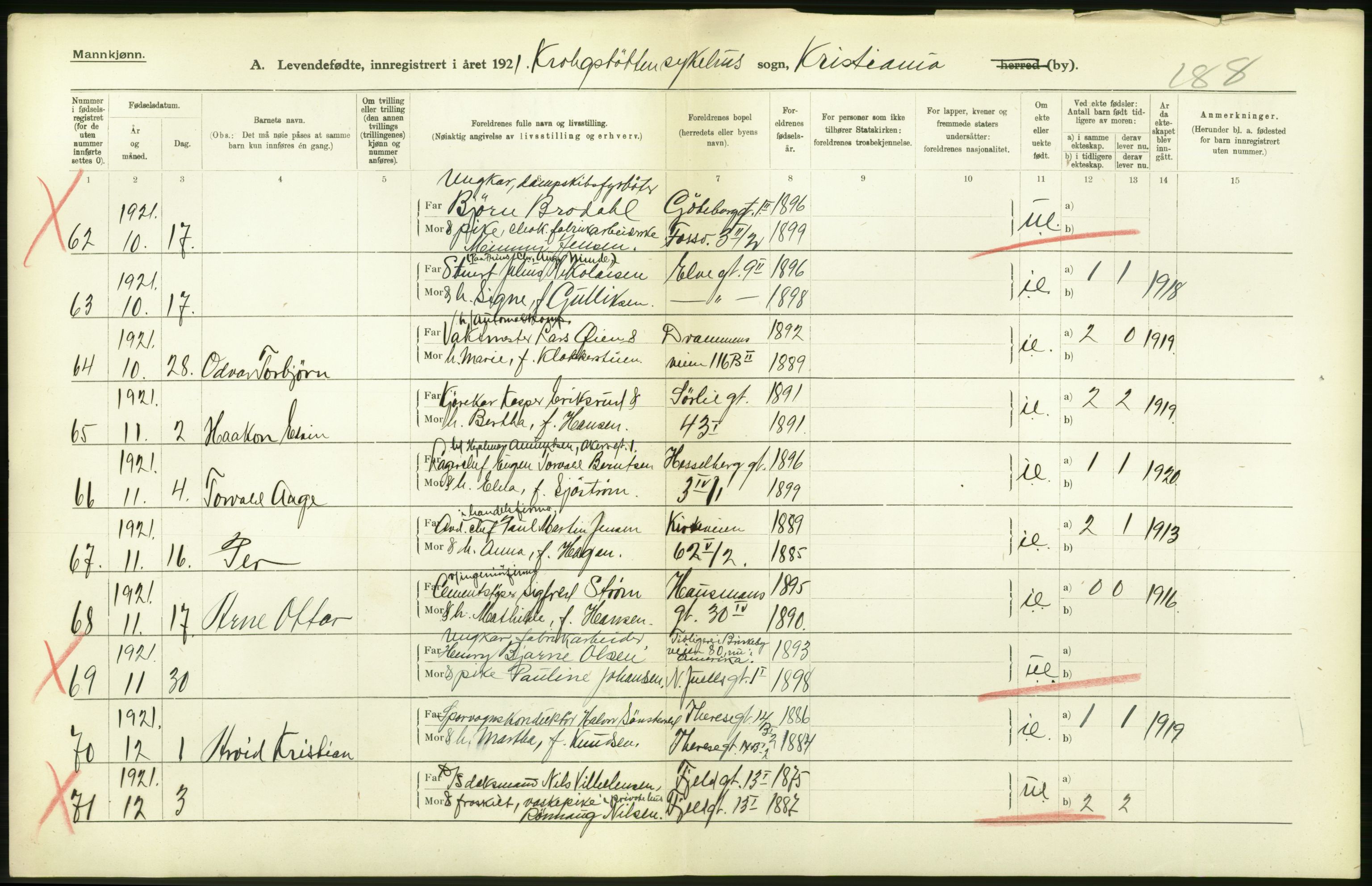 Statistisk sentralbyrå, Sosiodemografiske emner, Befolkning, AV/RA-S-2228/D/Df/Dfc/Dfca/L0009: Kristiania: Levendefødte menn og kvinner., 1921, p. 14