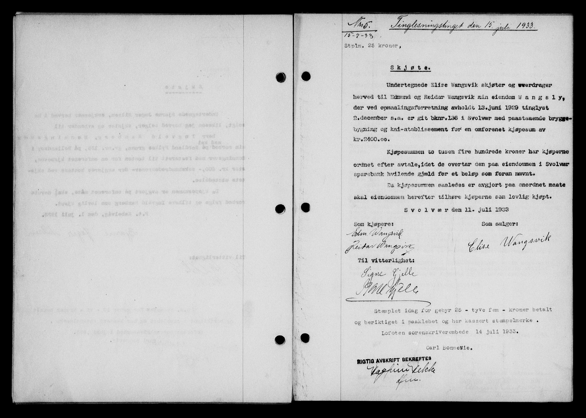 Lofoten sorenskriveri, SAT/A-0017/1/2/2C/L0028b: Mortgage book no. 28b, 1933-1933, Deed date: 15.07.1933