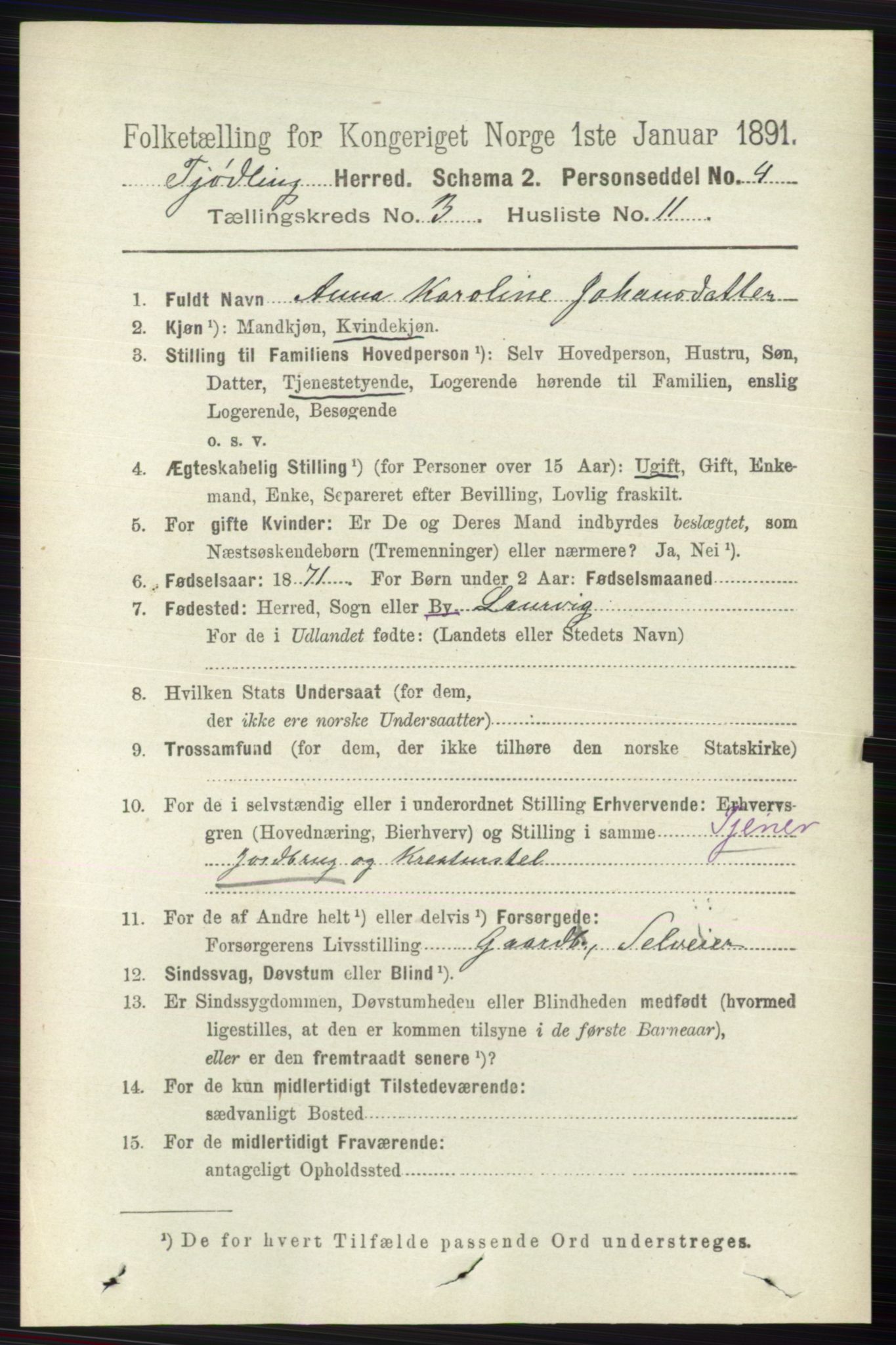 RA, 1891 census for 0725 Tjølling, 1891, p. 987